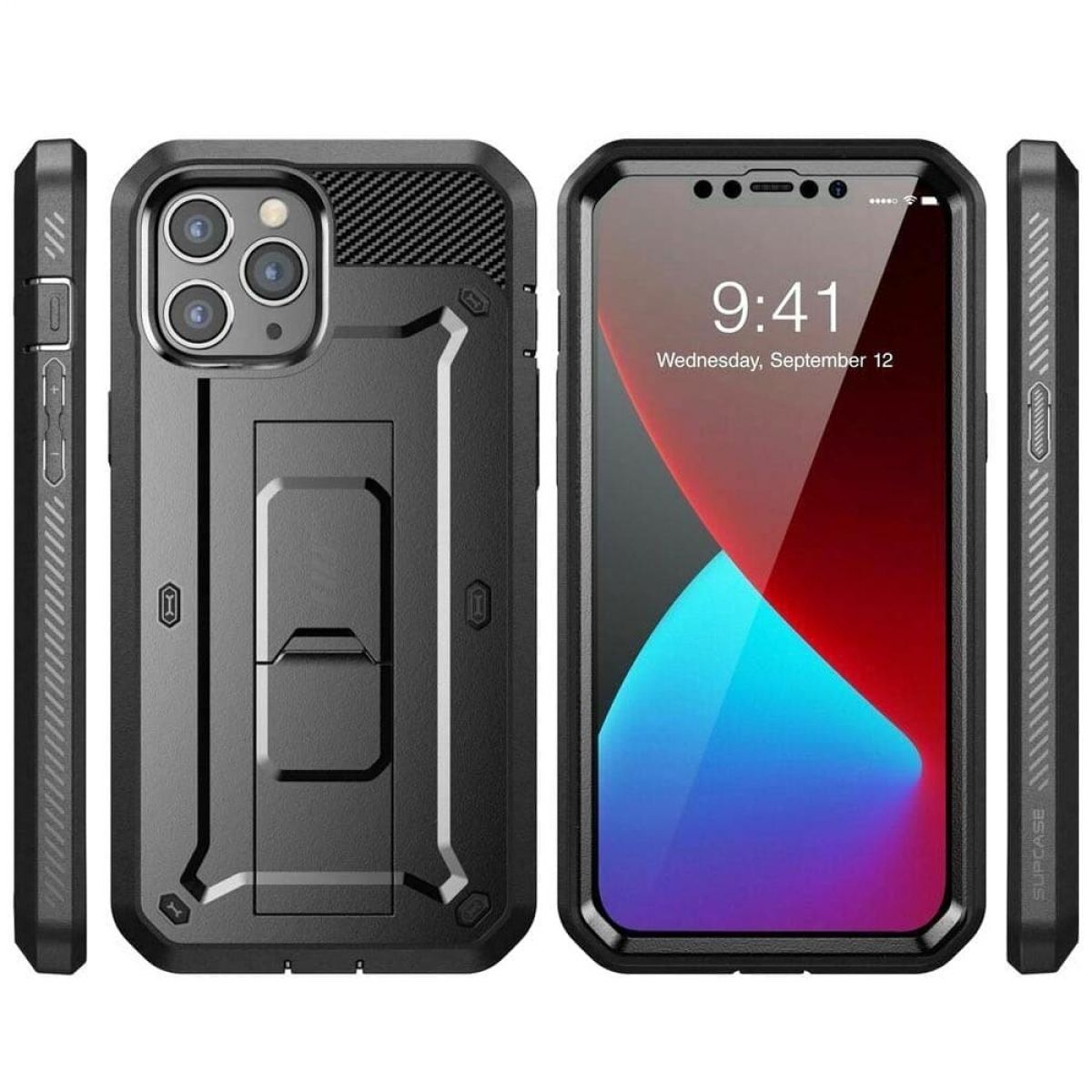 Schwarze Handyhülle, mit einem Telefon darin. Mehrere Ansichten werden gezeigt. Schwarz, Grau und Silber.