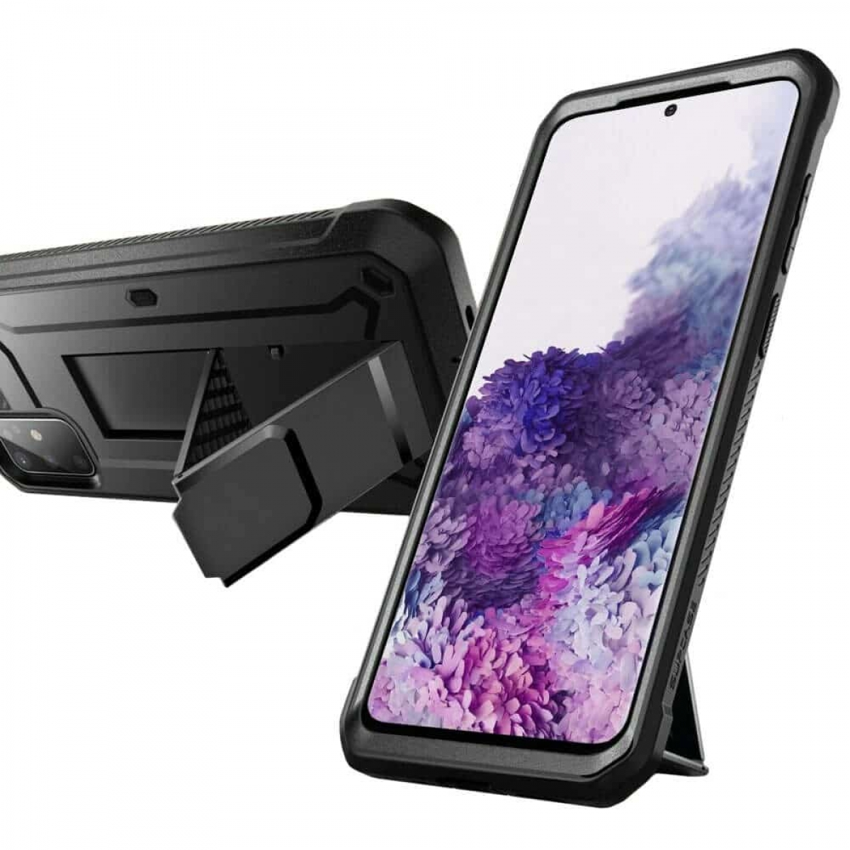 Schwarze Handyhülle mit Ständer und Telefon. Weißer Hintergrund.