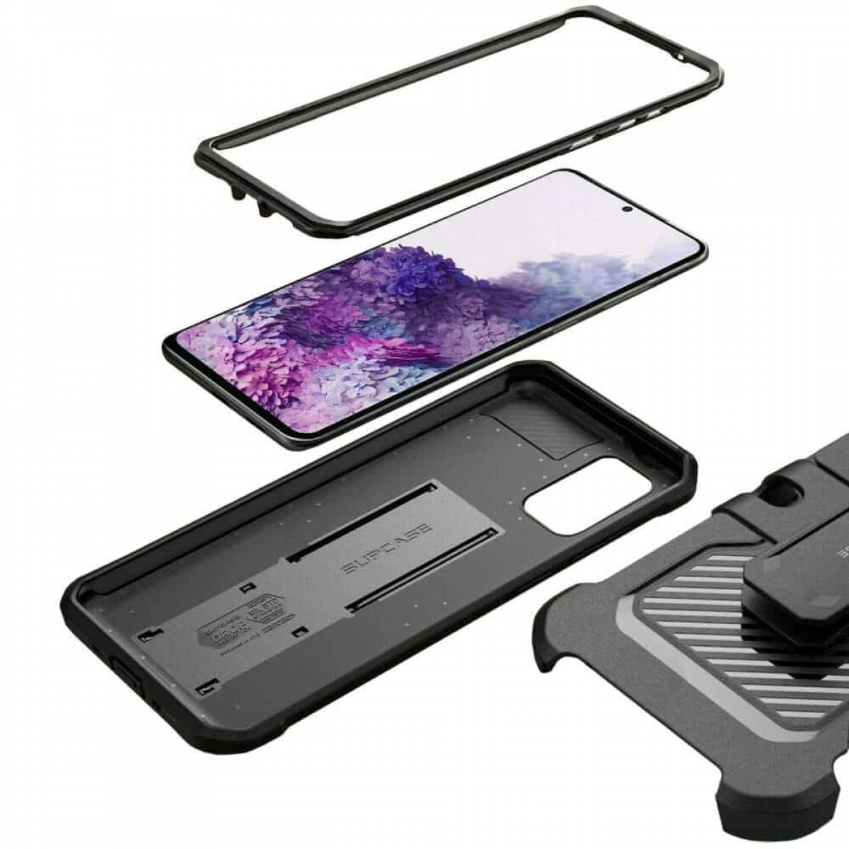 Telefongehäusekomponenten mit Telefon, Schutzrahmen und hinterer Abdeckung, alles in Schwarz.