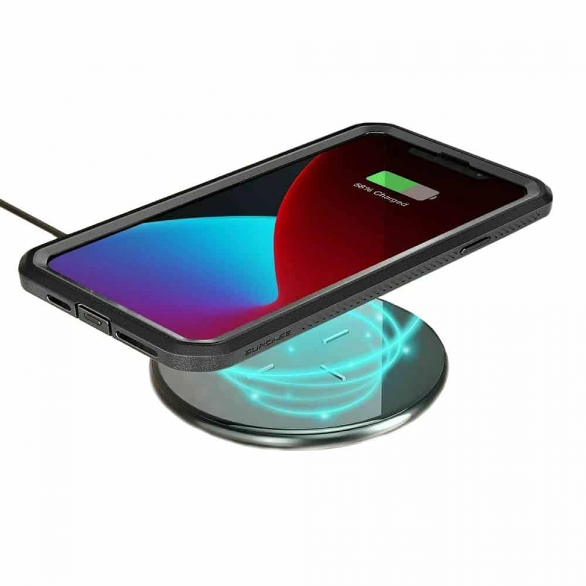 Telefon wird kabellos geladen. Das Telefon zeigt 38% Ladung an.