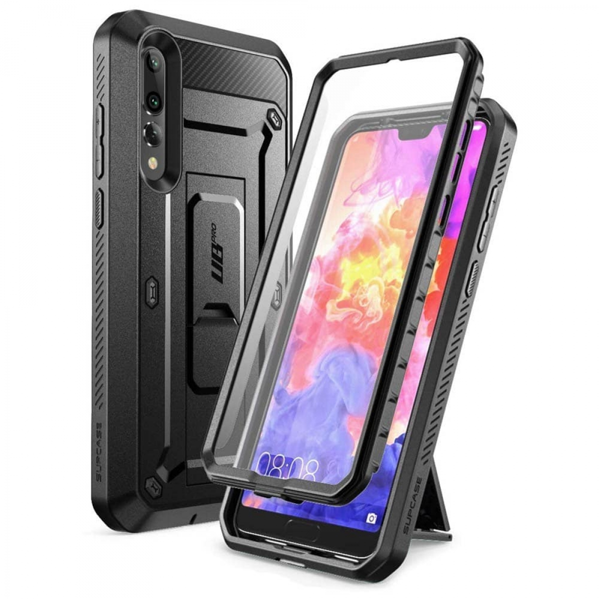 Schwarze Handyhülle mit Telefon darin. Klarer Displayschutz. Weißer Hintergrund. Robustes Design.