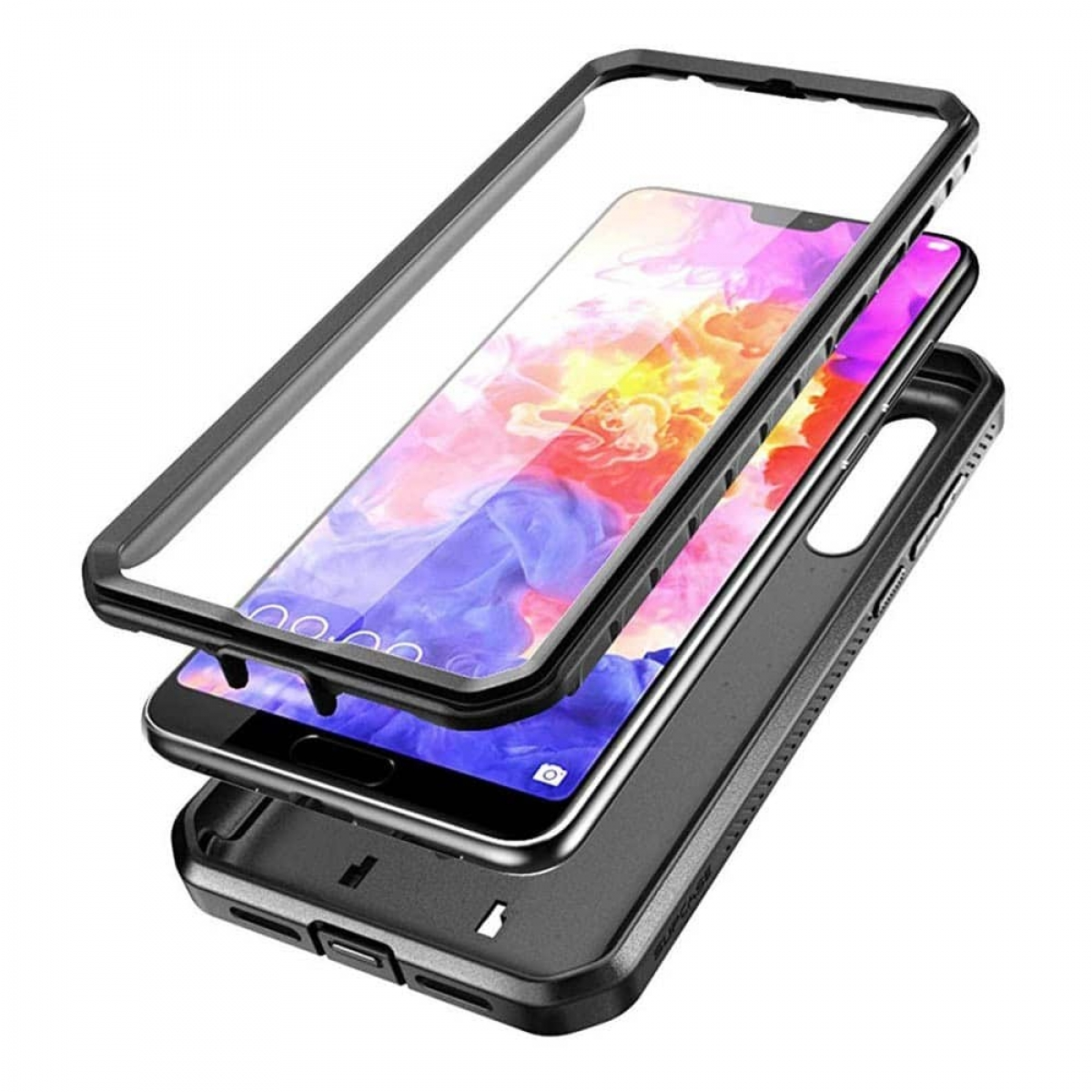 Drei Schichten einer Handyhülle und ein Handy. Schwarzer Rahmen, klarer Displayschutz, Telefon innen.