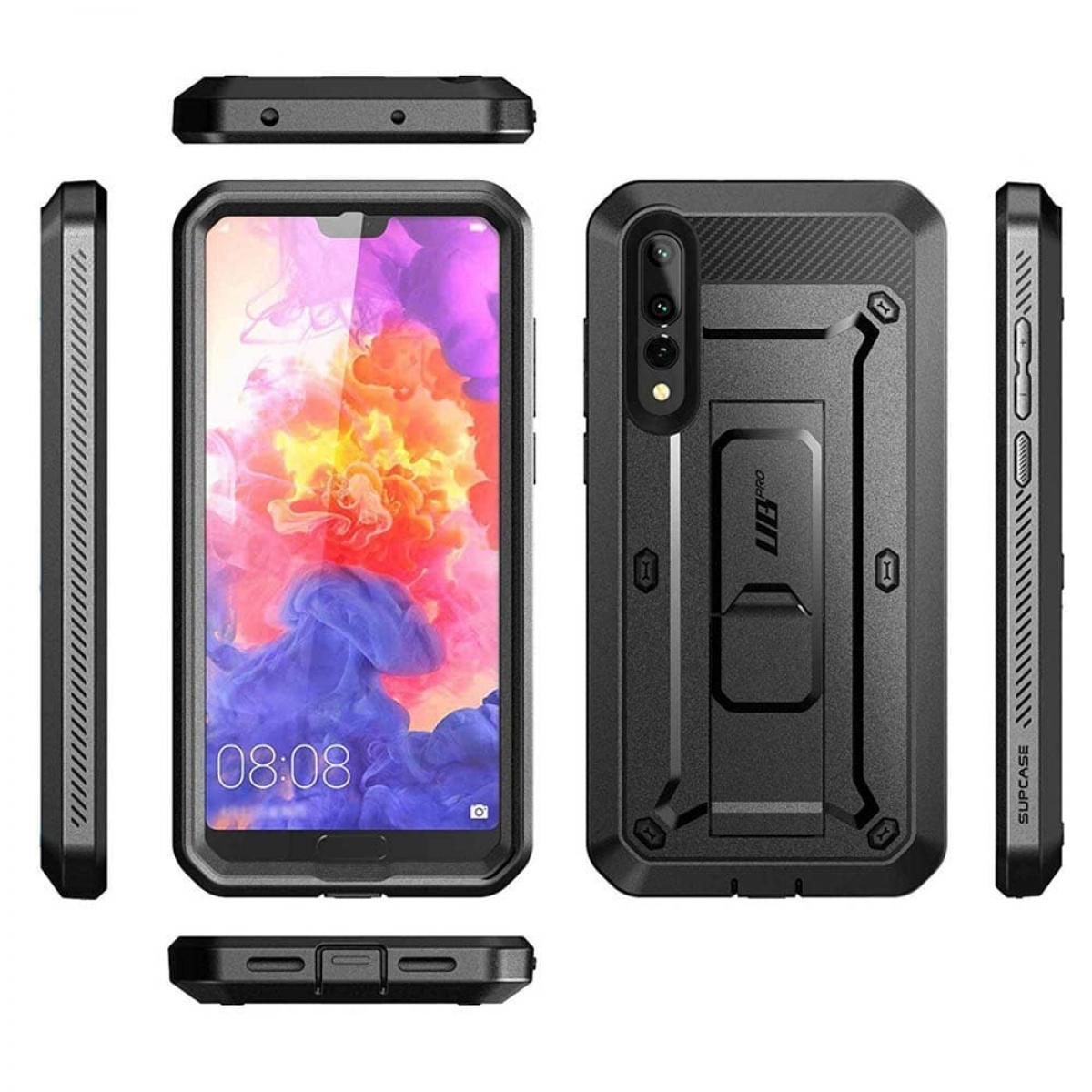 Eine schwarze Handyhülle, die das Telefon aus verschiedenen Blickwinkeln zeigt.