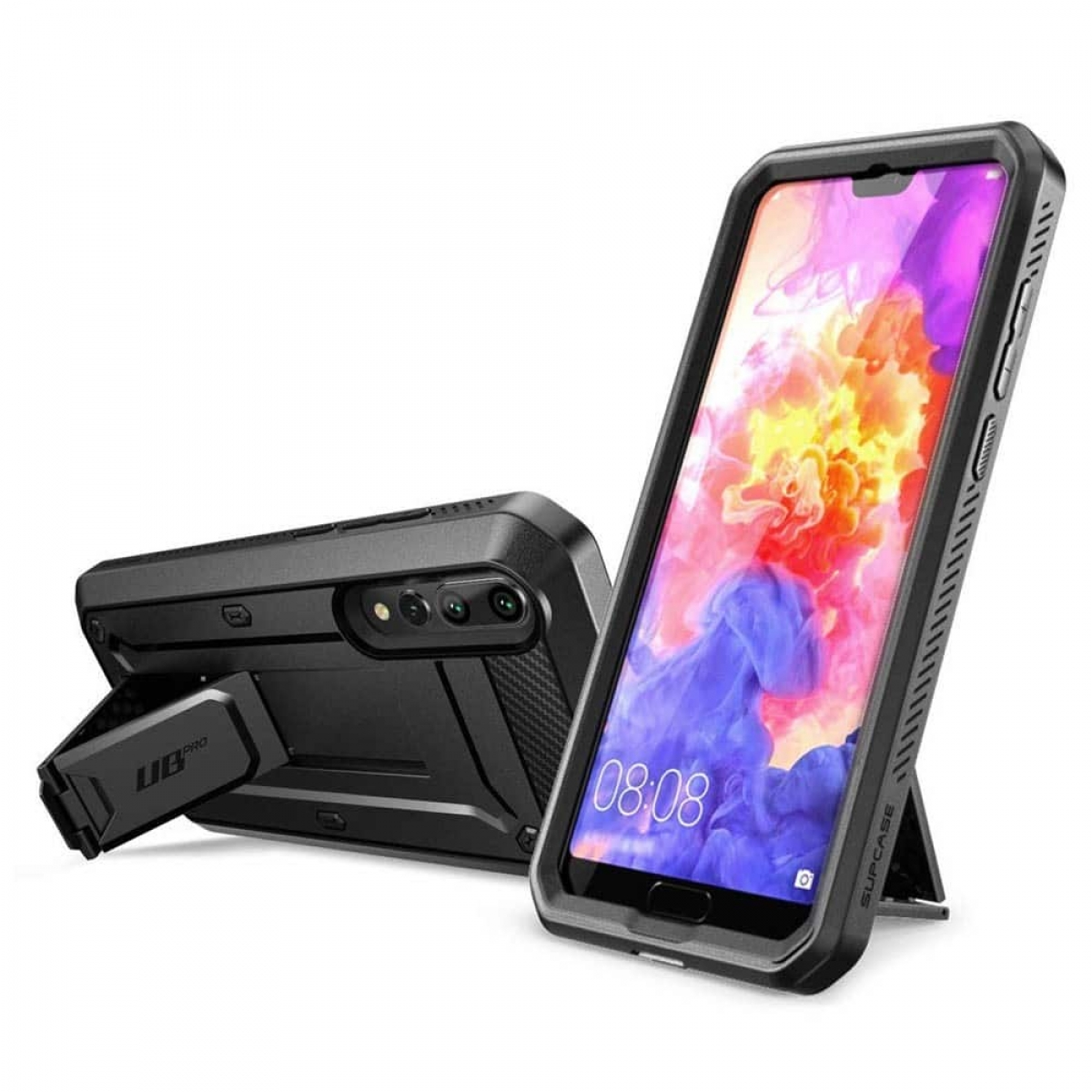 Smartphone mit Hülle, aufgestellt. Die Hülle ist schwarz, das Telefon hat bunten Bildschirm.