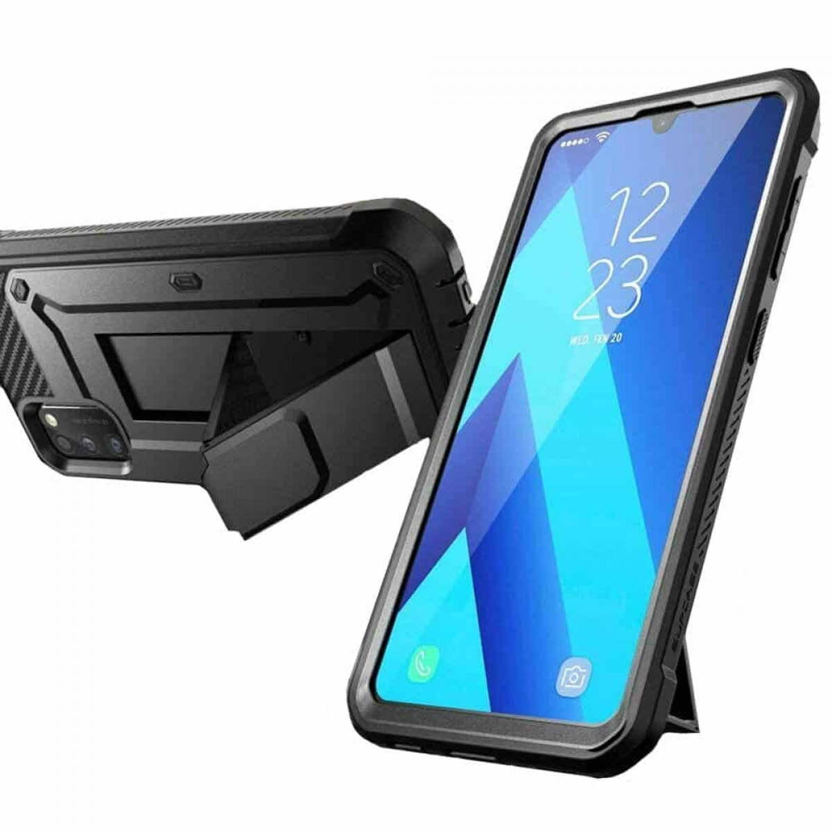 Schwarze Handyhülle mit Ständer, hält ein Telefon mit Bildschirm.