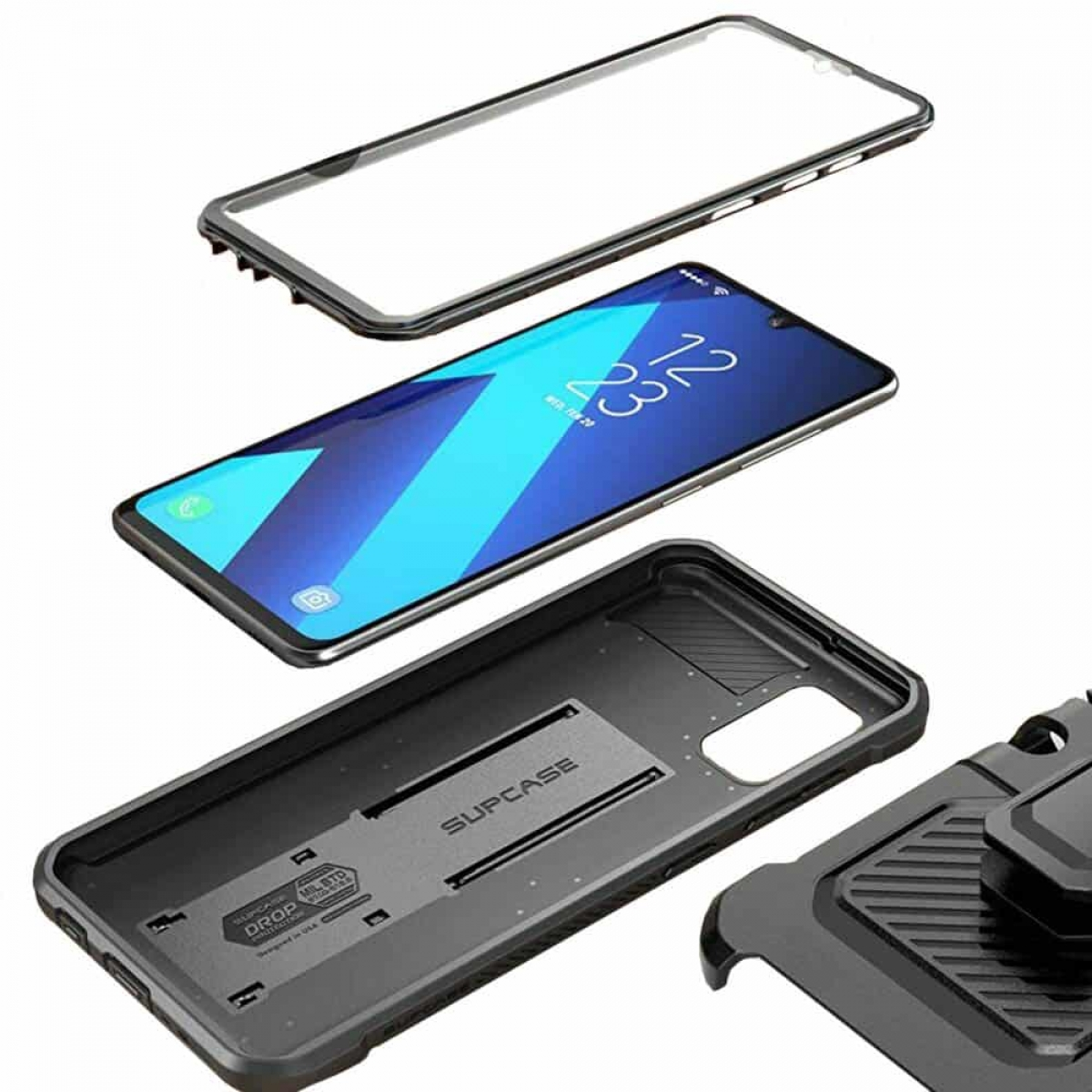 Schwarze Handyhülle mit Displayschutz, Telefon und Holster.