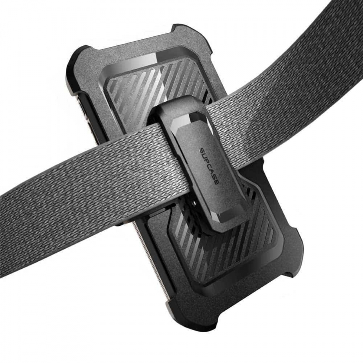 Eine Handyhülle mit Gürtelclip. Die Hülle ist schwarz und grau.