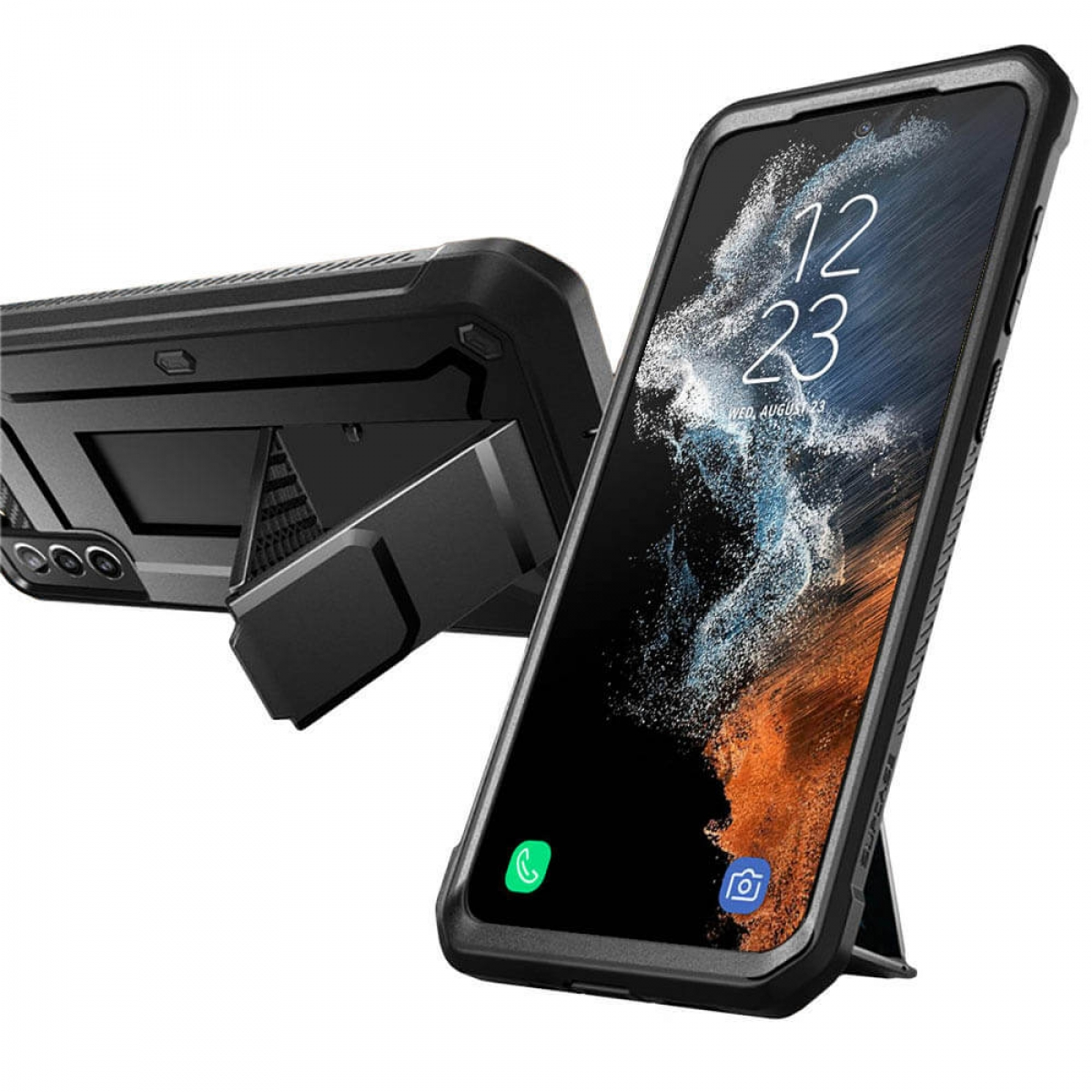 Schwarzes Telefon in einer Schutzhülle mit Ständer. Der Telefonbildschirm zeigt eine Naturszene.