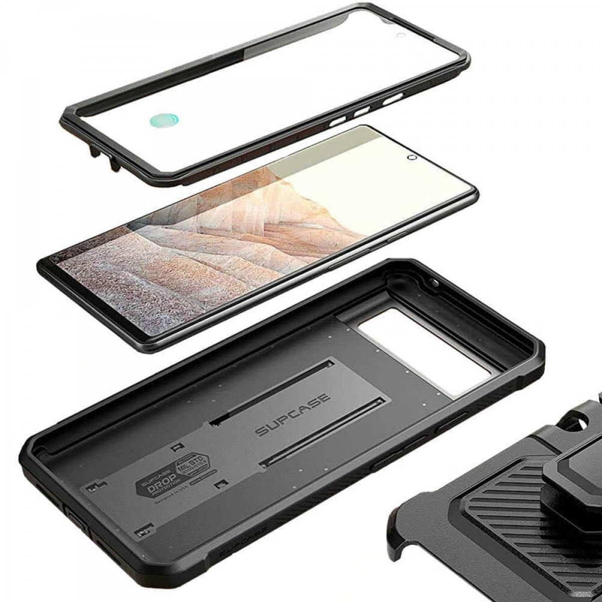Eine Handyhülle mit Telefon und Displayschutz. Die Hülle ist schwarz, der Schutz ist klar.