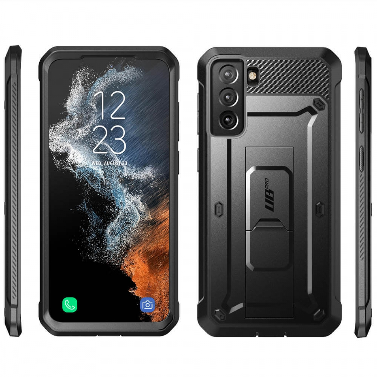 Telefon in schwarzer Hülle, Vorder- und Rückansicht. Hülle hat Ständer und robustes Design.