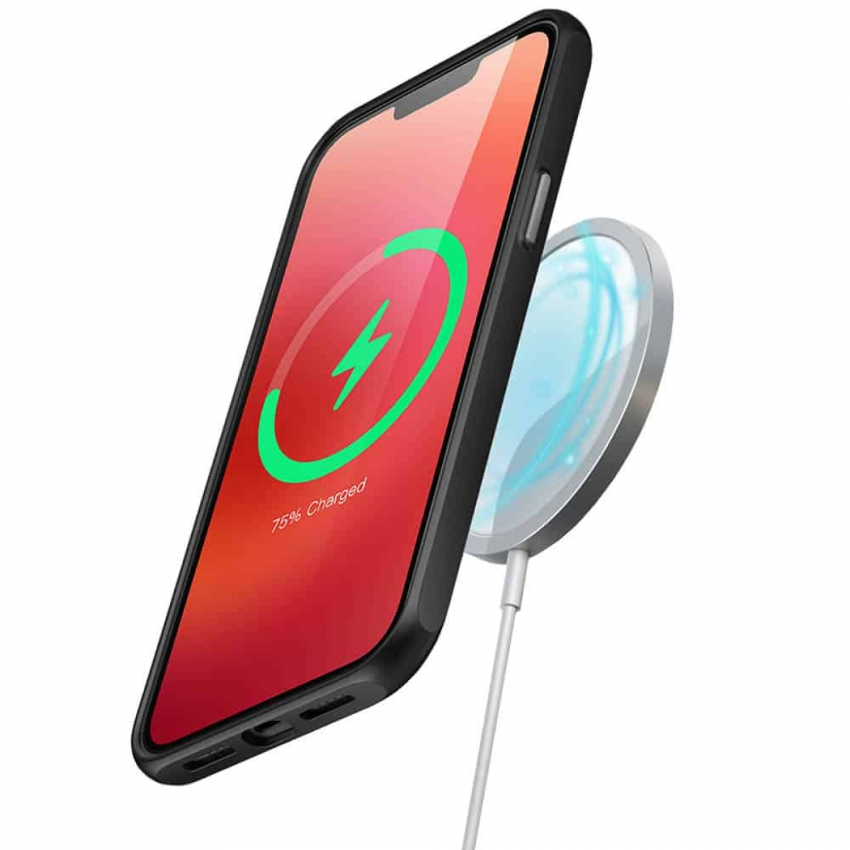 Ein schwarzes Telefon mit rotem Ladebildschirm und grünem Blitz. Ein kabelloses Ladegerät ist angebracht.