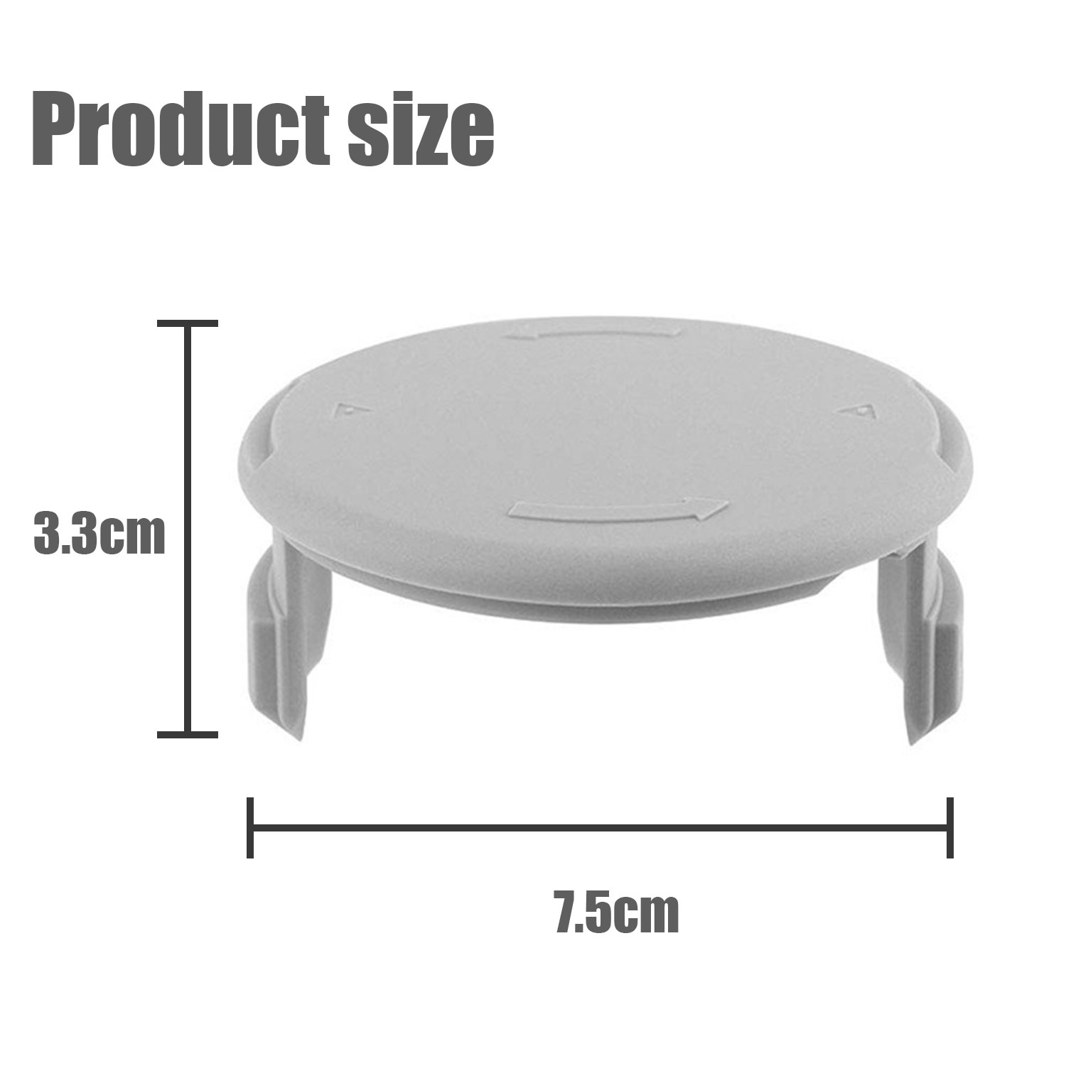 Ein graues kreisförmiges Produkt mit Etikett und Abmessungen von 3,3 cm x 7,5 cm.