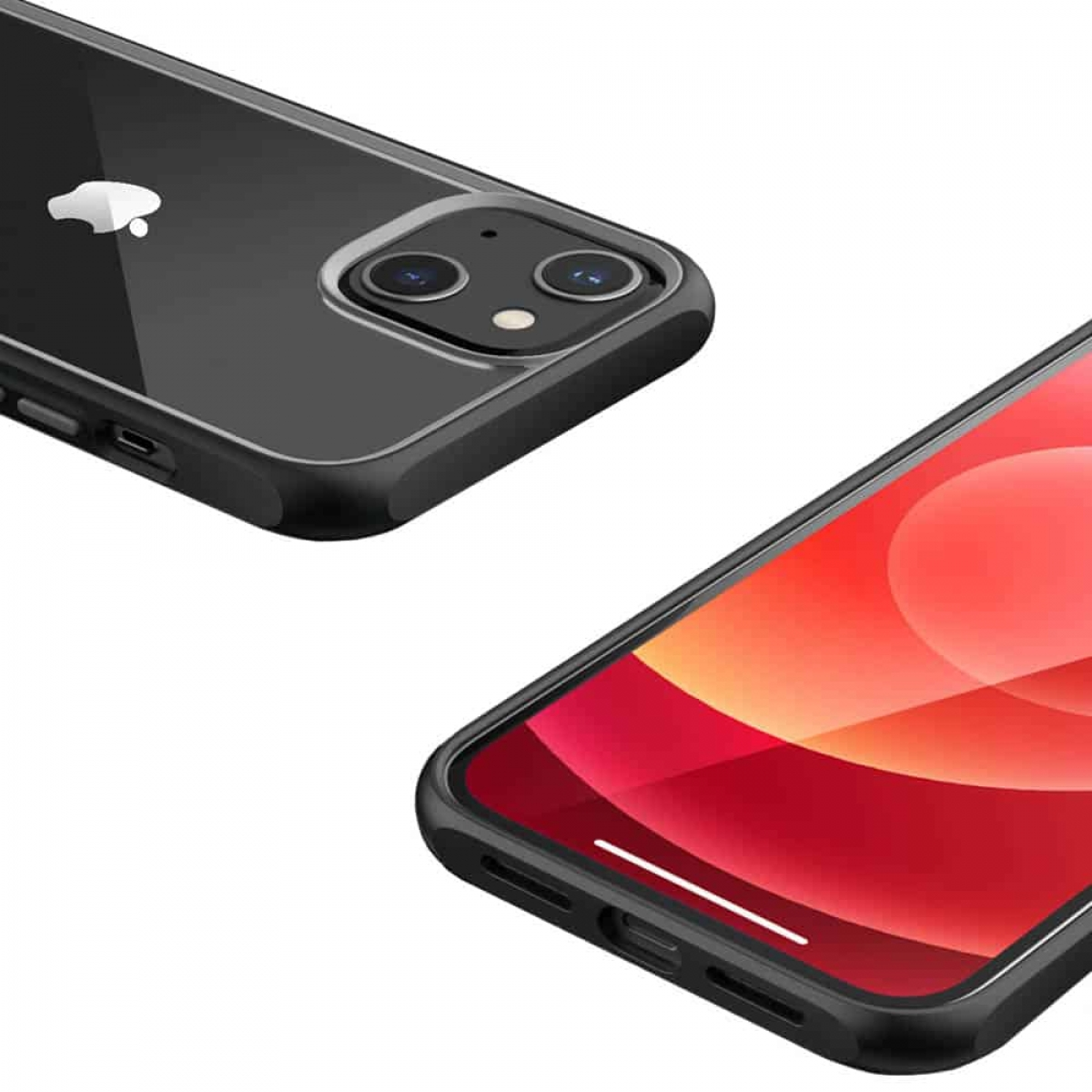 Handyhüllen. Schwarze Handyhüllen mit durchsichtigem Rücken, die die Rückseite des Telefons zeigen.