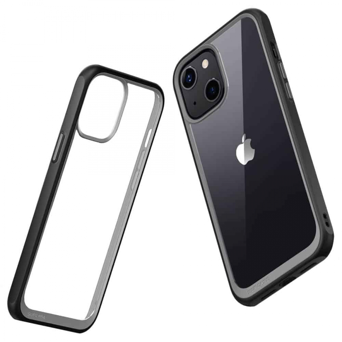 Telefon in transparenter Hülle. Hülle und Telefon leicht angewinkelt. Grauer Hintergrund.