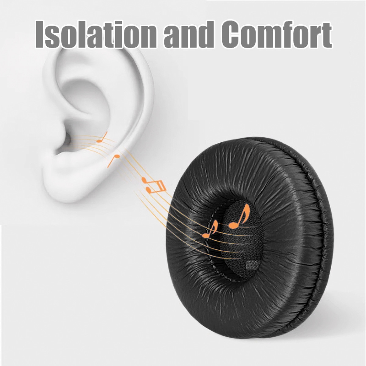 Ucho i słuchawki z nutami, tekst 'Izolacja i Komfort' nad uchem.