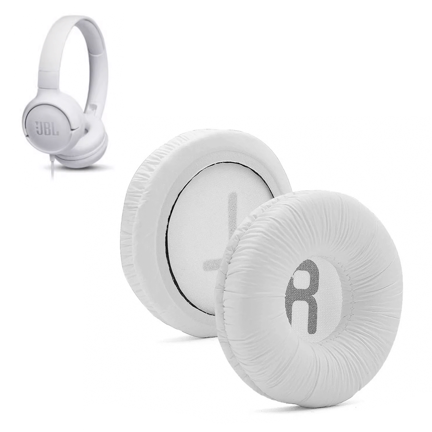 Białe słuchawki z nausznikami oraz oddzielne nauszniki z oznaczeniami L i R.