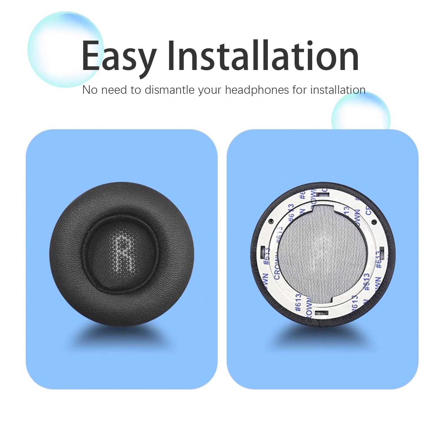 Dwie wkładki do słuchawek. Tekst: Łatwa instalacja. Białe tło.