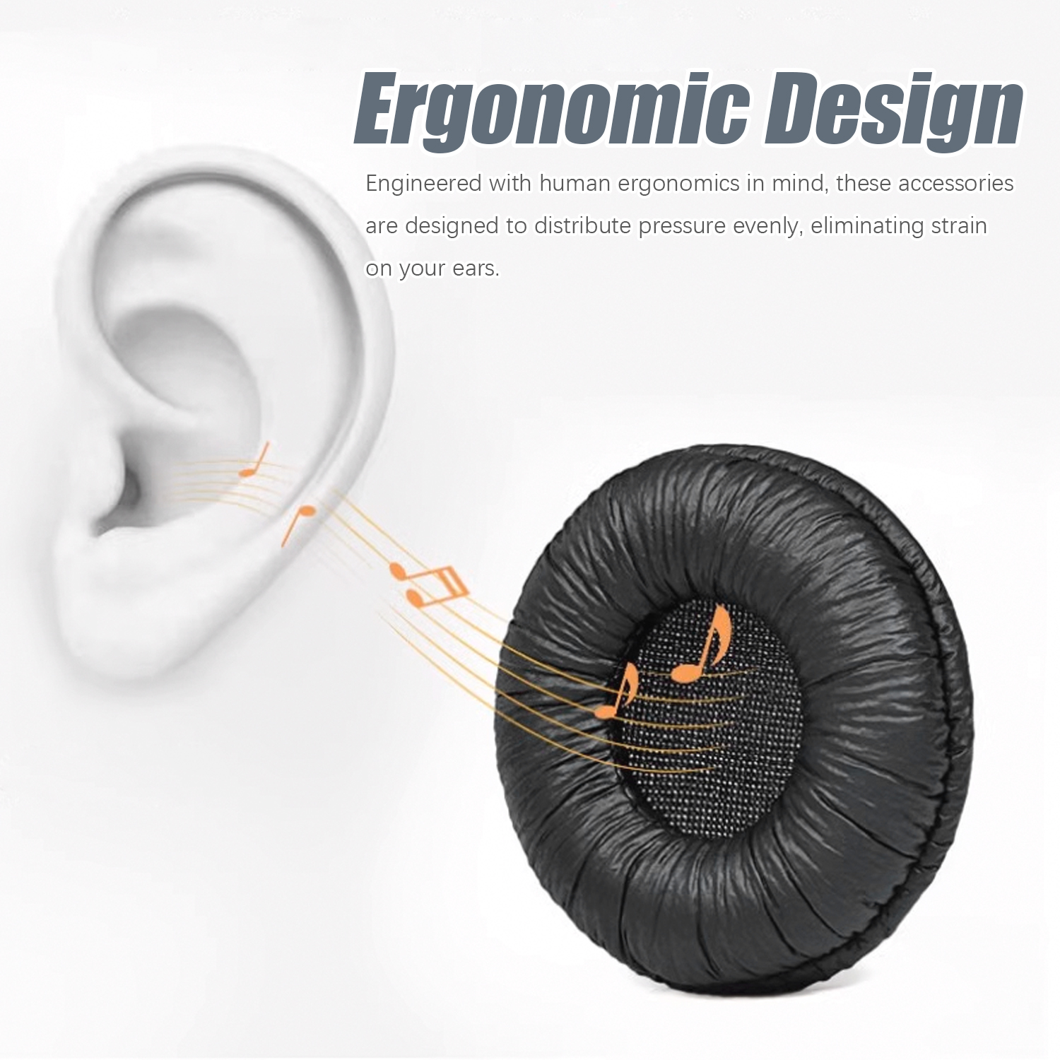 Ein weißes Ohr mit schwarzem Kopfhörer. Orange Noten dazwischen, Text: Ergonomic Design.