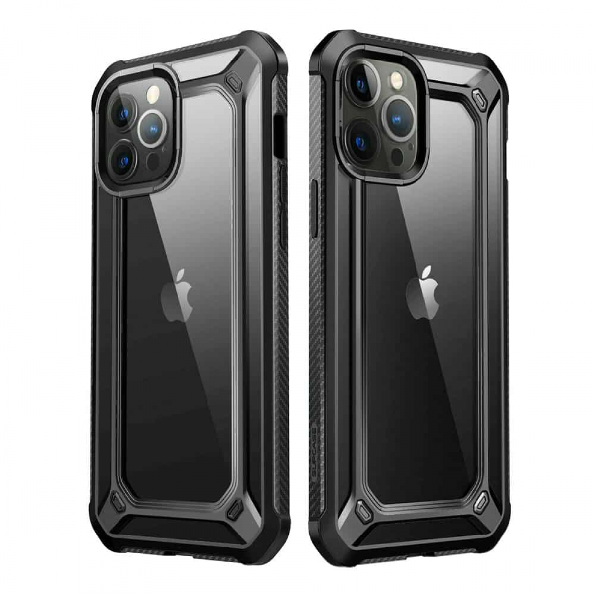Zwei schwarze Handyhüllen. Jede zeigt das Telefon im Inneren, mit klarer Rückseite.