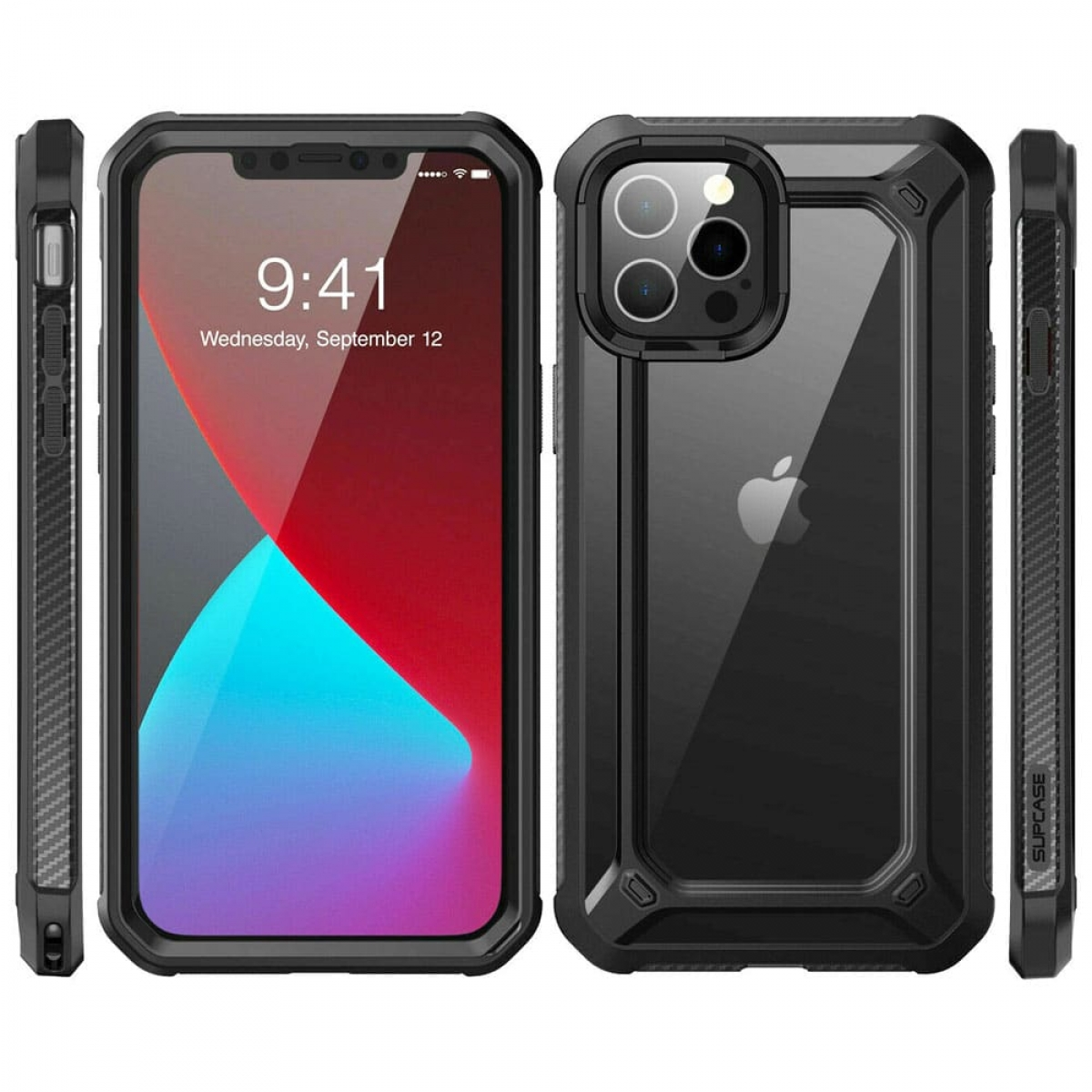 Smartphone in einer Schutzhülle. Das Telefon befindet sich in einer schwarzen Hülle mit schwarzen Seiten.