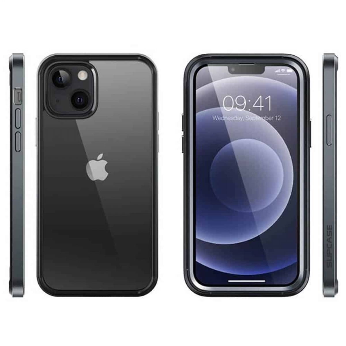 Zwei iPhone-Hüllen, eine schwarze, eine transparente, die Seiten und die Rückseite des Telefons mit dem Apple-Logo zeigen.