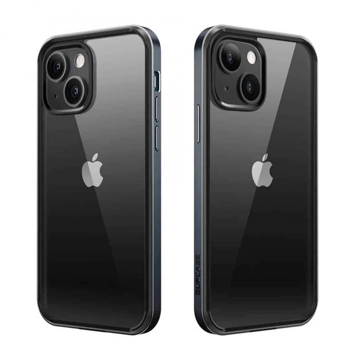 Zwei schwarze iPhone-Hüllen, durchsichtig hinten, Apple-Logo sichtbar. Blau-graue Seiten.