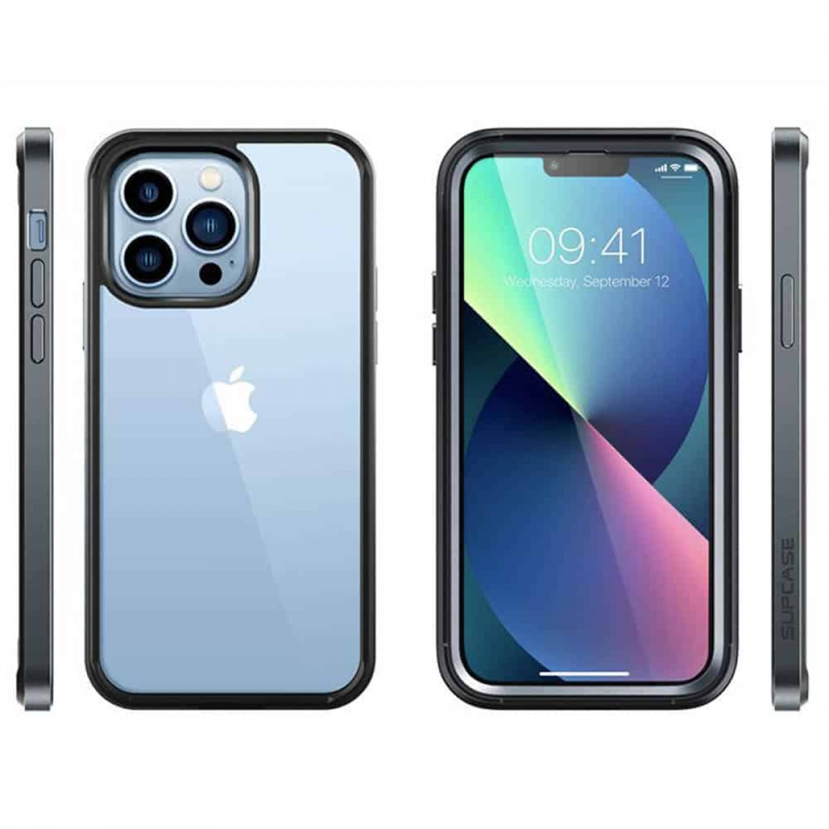 Handyhülle, die das Telefon zeigt, Seitenansicht der Hülle. Das Telefon hat drei Kameras.
