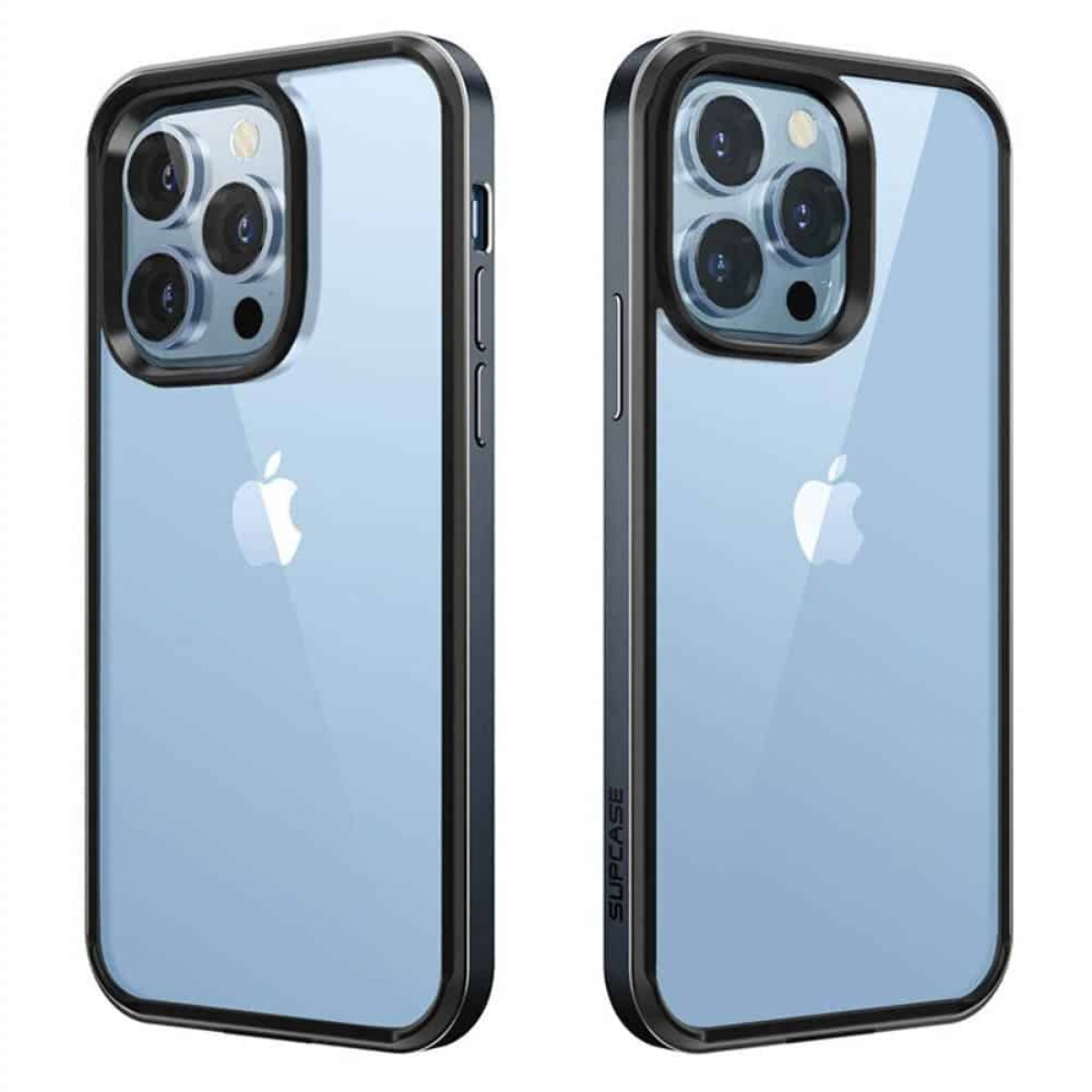 Zwei iPhone-Hüllen, transparent mit schwarzen Rändern, auf weißem Hintergrund.
