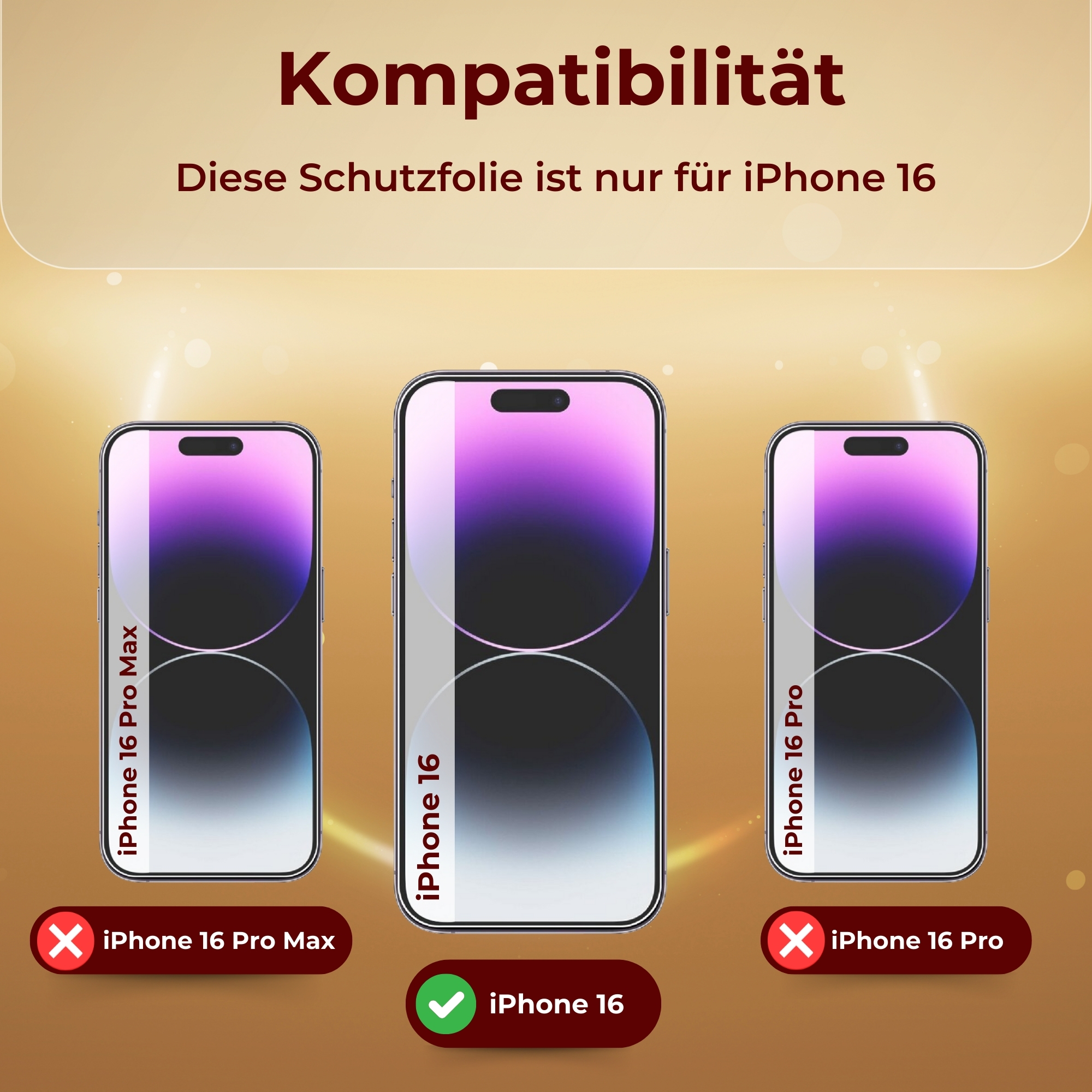 Diagramm mit Telefonmodellen und Kompatibilität. iPhone 16 kompatibel, 16 Pro Max und 16 Pro nicht.