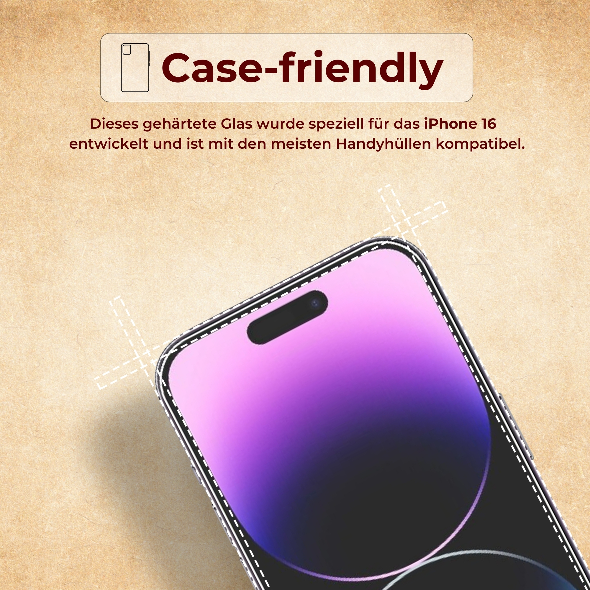 Smartphone mit Displayschutz, Text 'Case-friendly', lila Bildschirm.