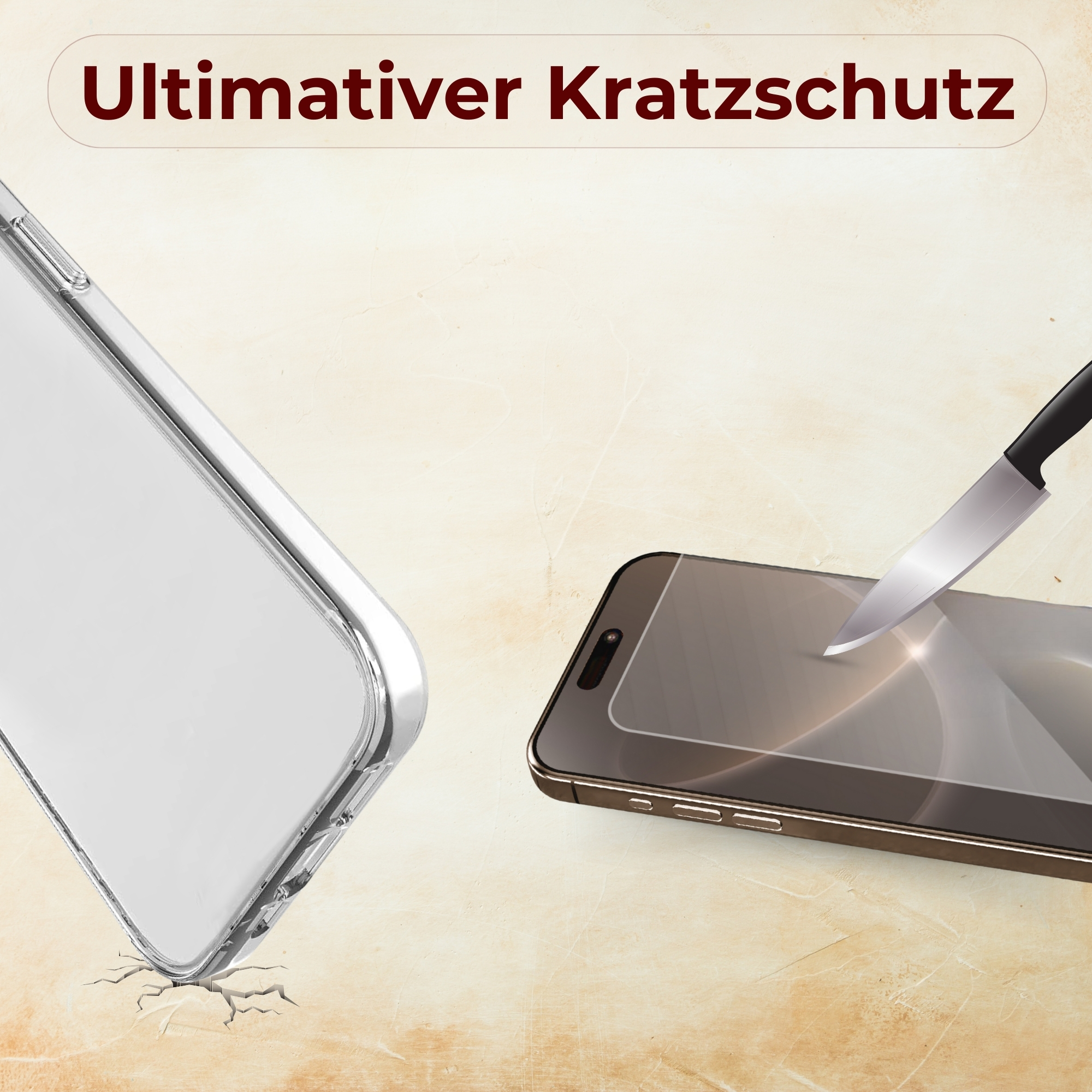 Ein Telefon mit Displayschutzfolie, ein Messer berührt die Folie. Der Text 'Ultimativer Kratzschutz'.