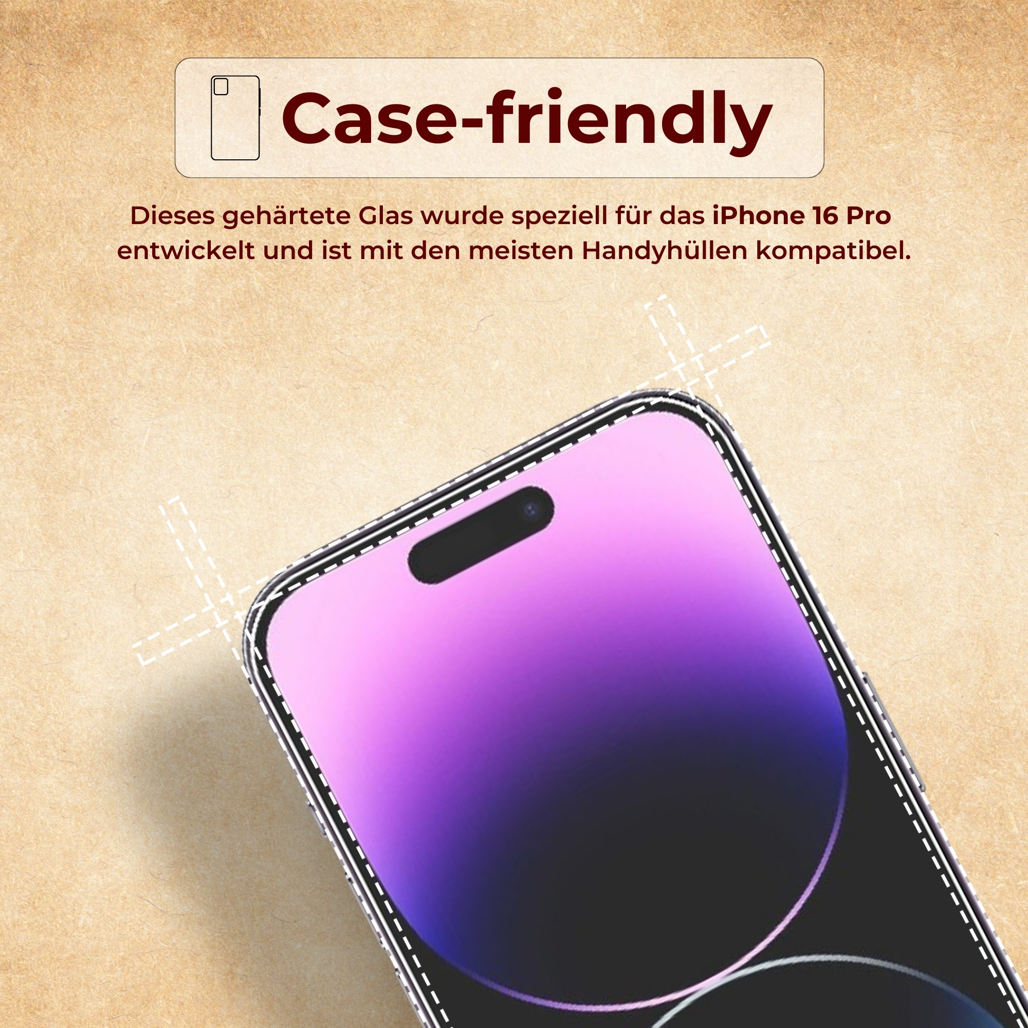 iPhone 16 Pro Glas-Displayschutz auf beigem Hintergrund. Text auf Deutsch.