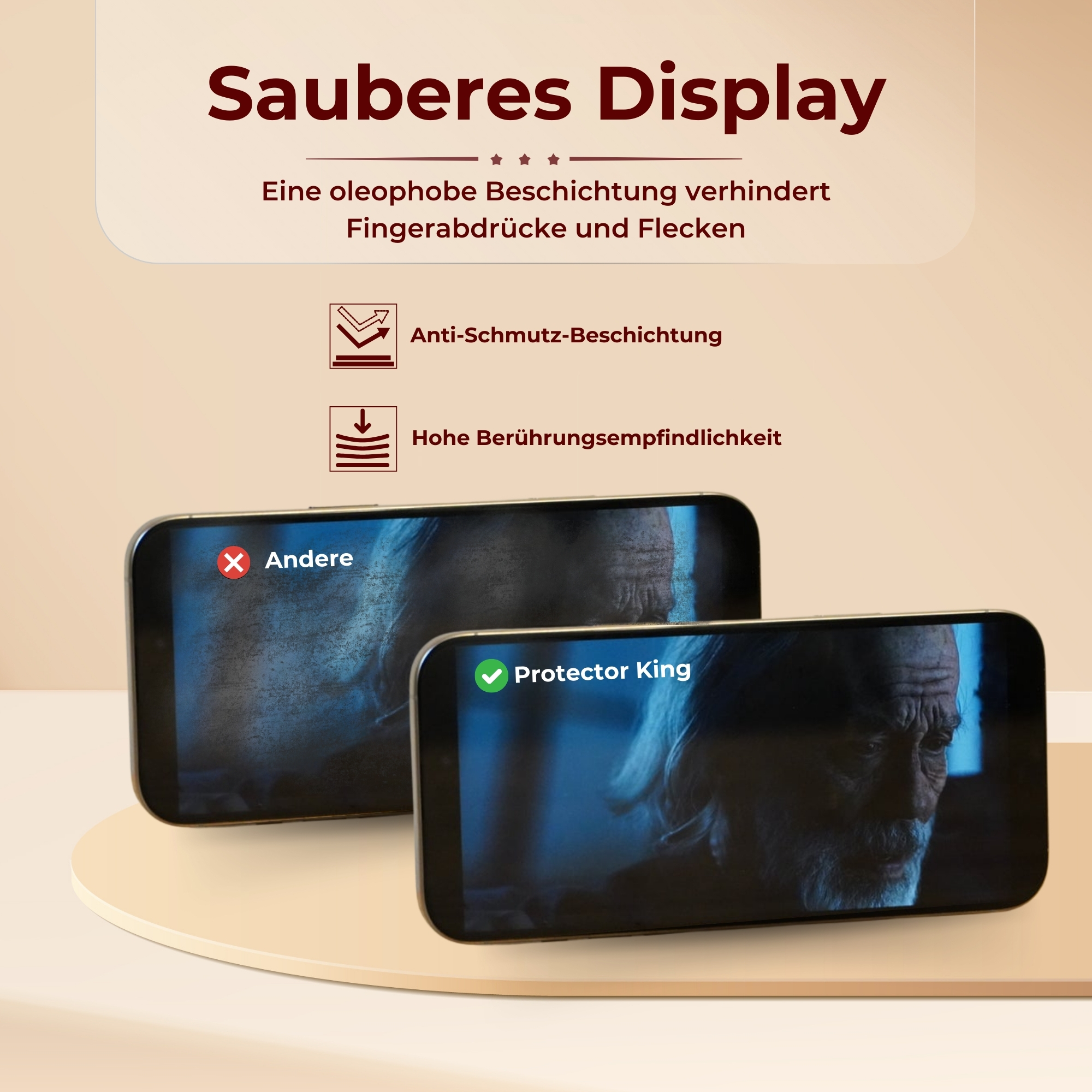 Zwei Smartphones. Eines mit schmutzigem Bildschirm, das andere mit sauberem Bildschirm.