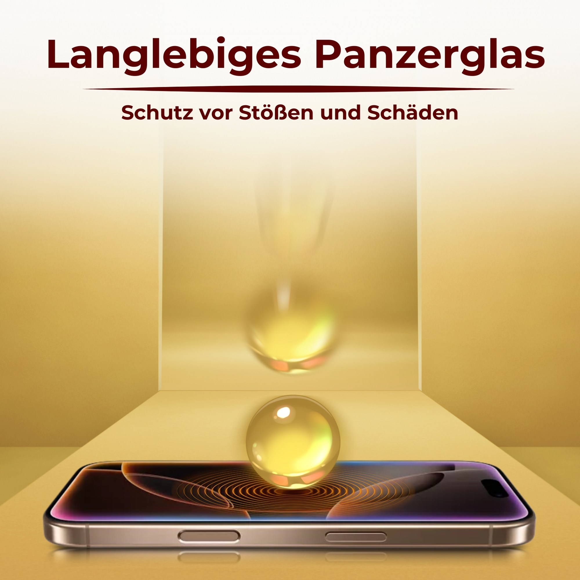 Unter zwei fallenden goldenen Kugeln befindet sich ein Telefon mit einem gesprungenen Bildschirm. Text: Langlebiges Panzerglas.