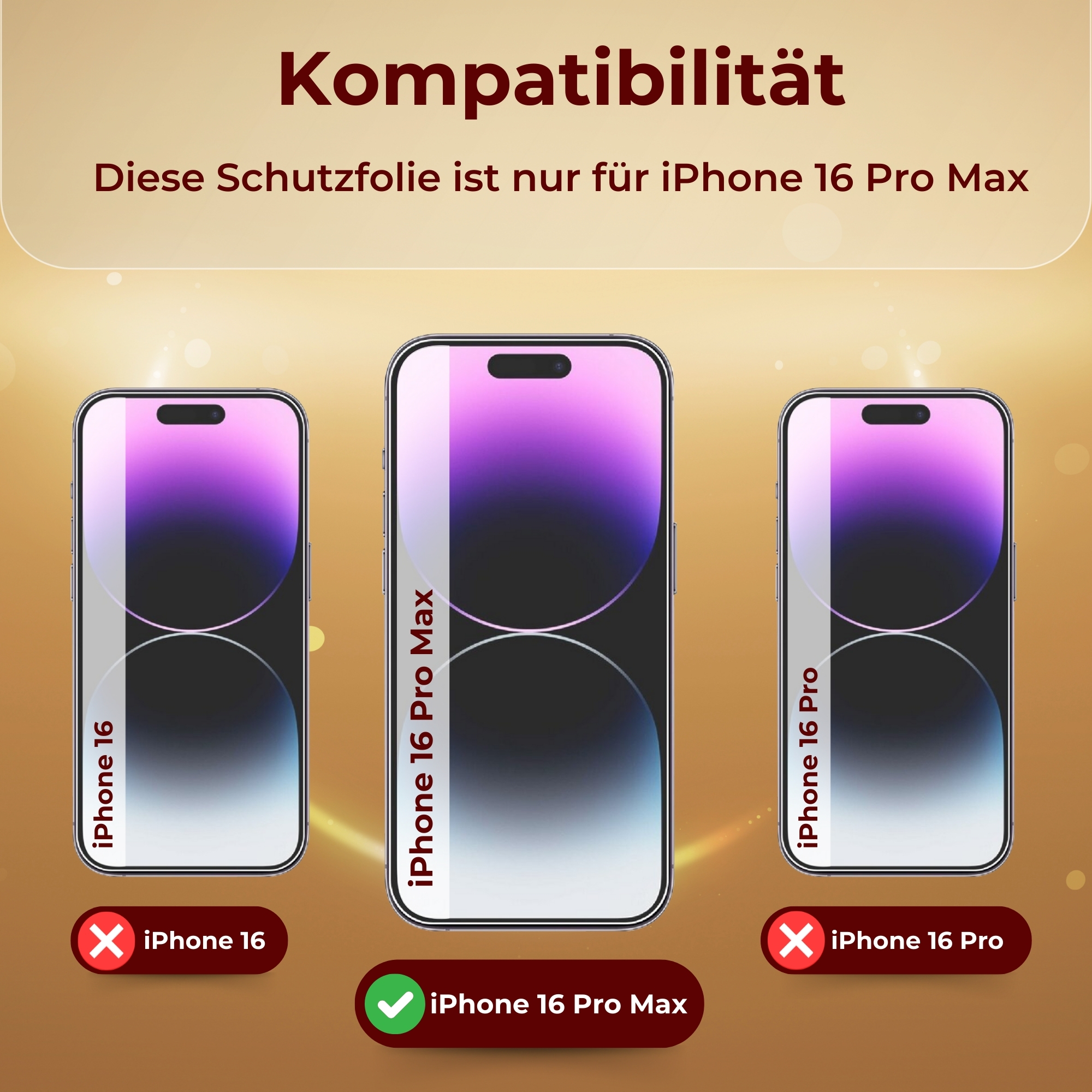 Bild von iPhone 16 Pro Max Telefonen und Informationen zur Displayschutzfolien-Kompatibilität.