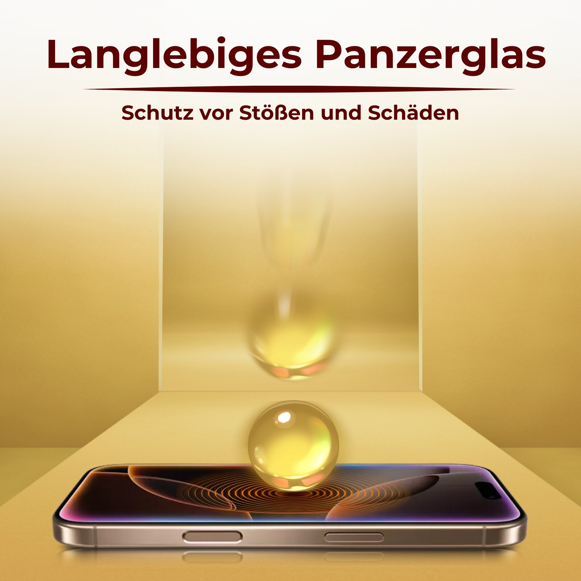 Ein Telefon mit goldenem Rahmen, mit zwei durchscheinenden Kugeln und einem Telefonschutz.