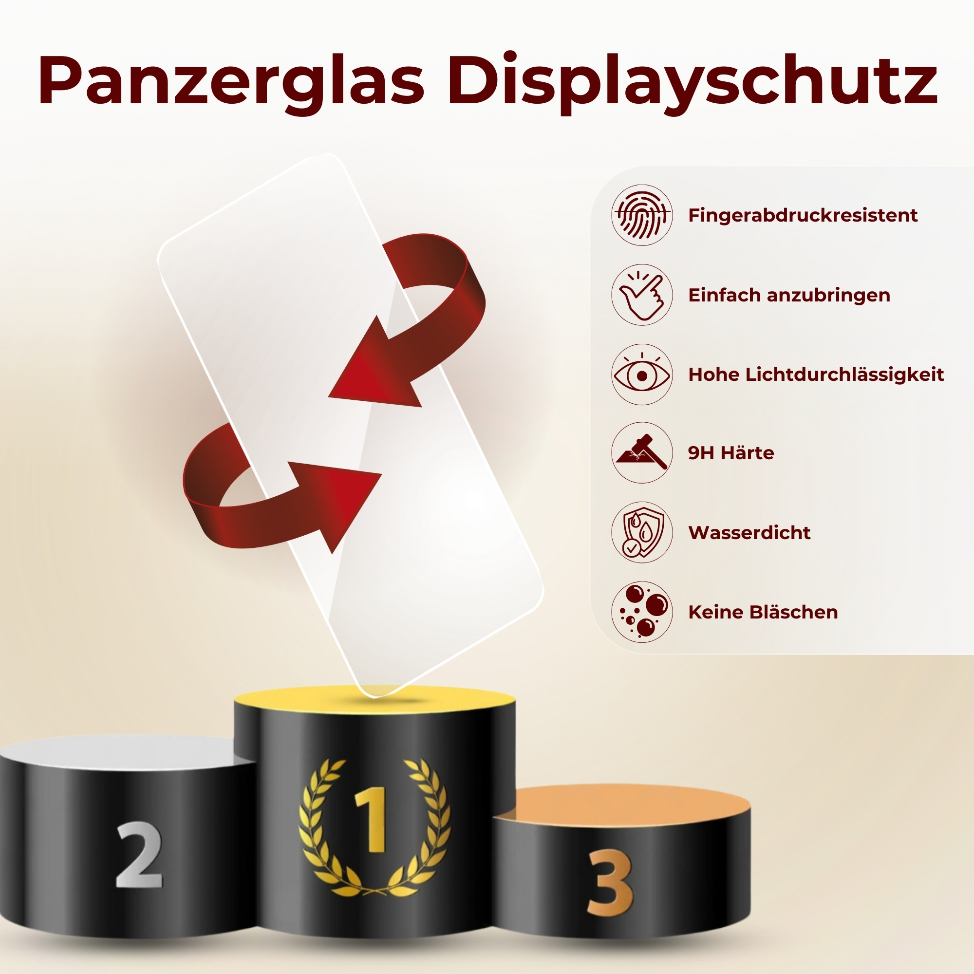 Podest mit Displayschutzfolie und Symbolen, die Funktionen darstellen.