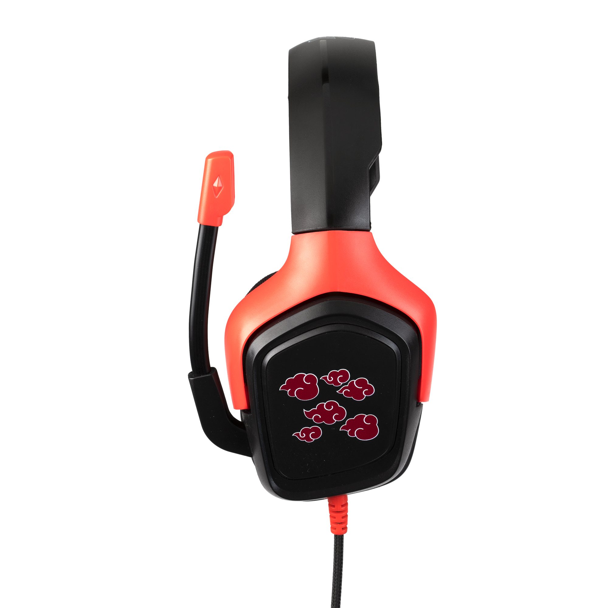 Cuffie da gioco rosse e nere con microfono, isolate su sfondo bianco.