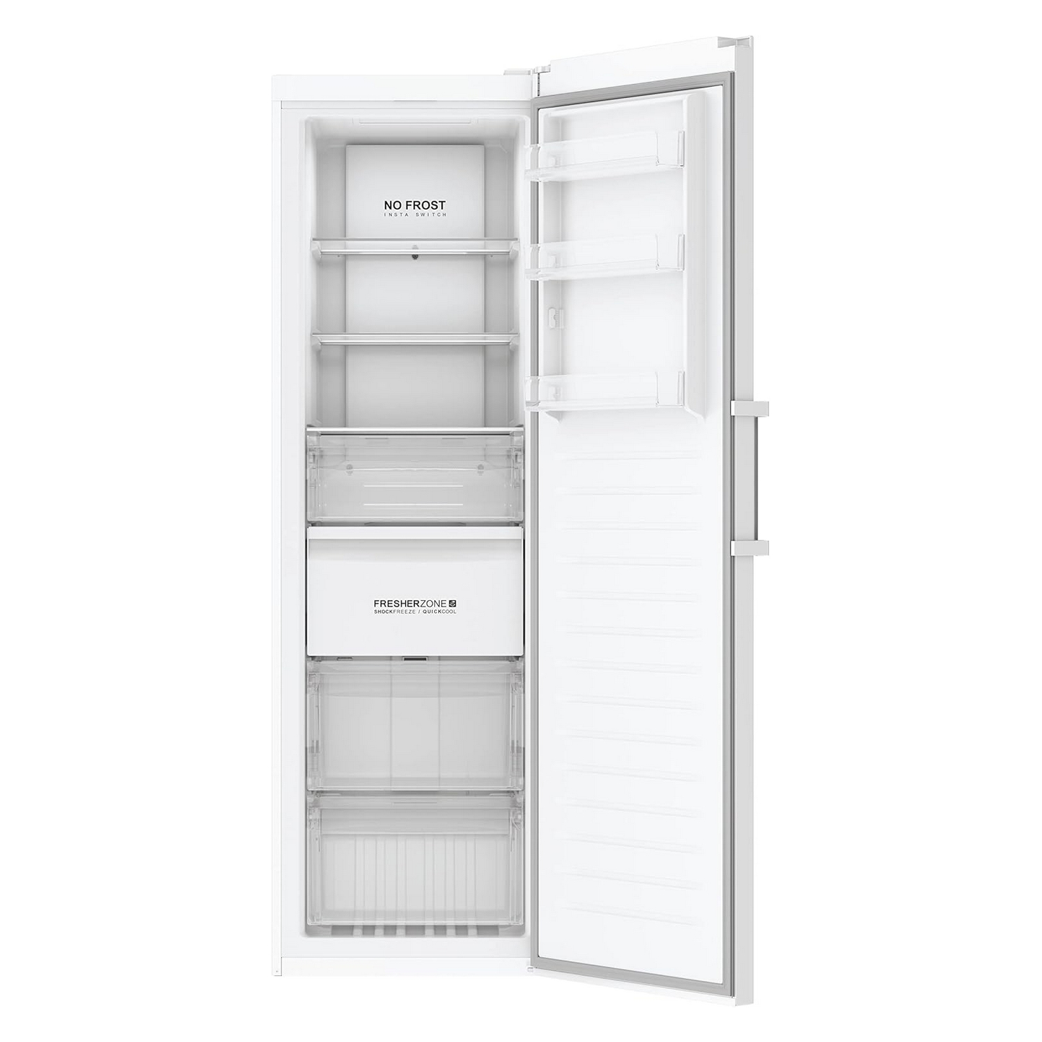 Frigorifero bianco con porta aperta, ripiani e cassetti visibili.