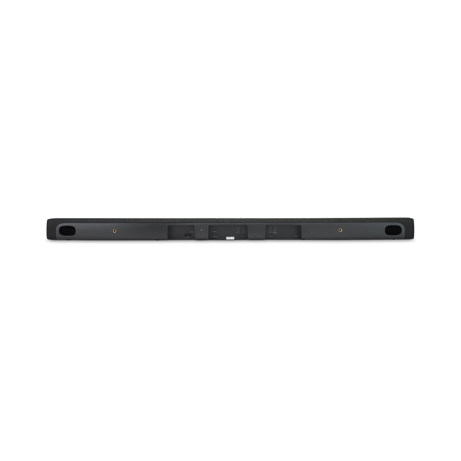 Una soundbar nera con varie porte di connessione e un design elegante.