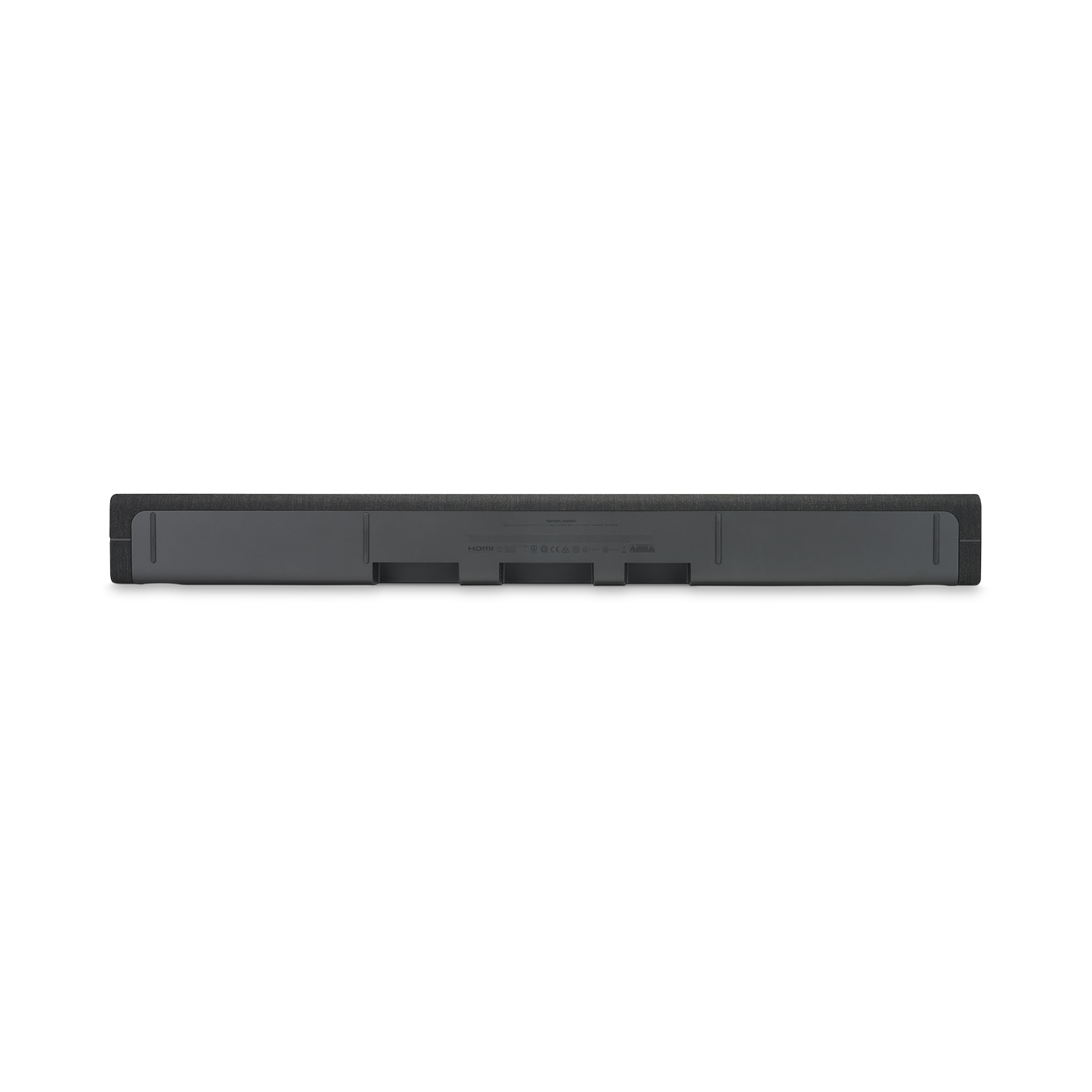 Una soundbar nera con porte visibili sul retro su sfondo nero.