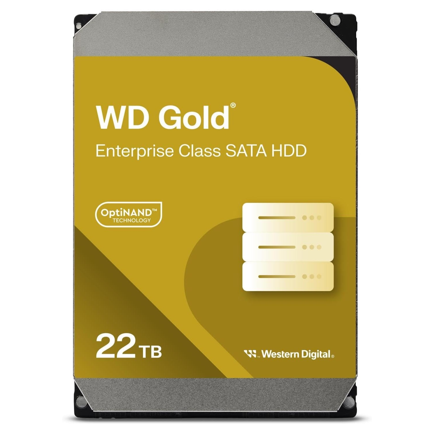 Dysk twardy z żółtą etykietą. Widnieje na nim napis WD Gold i 22 TB.