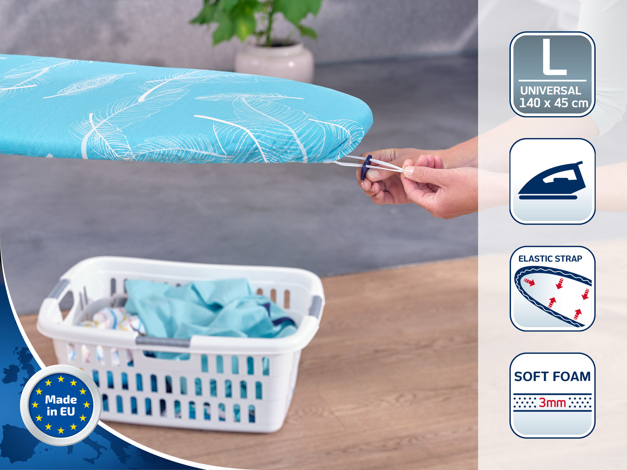 Deska do prasowania z niebieskim wzorem. Kosz na pranie i ikony żelazka i gumki.