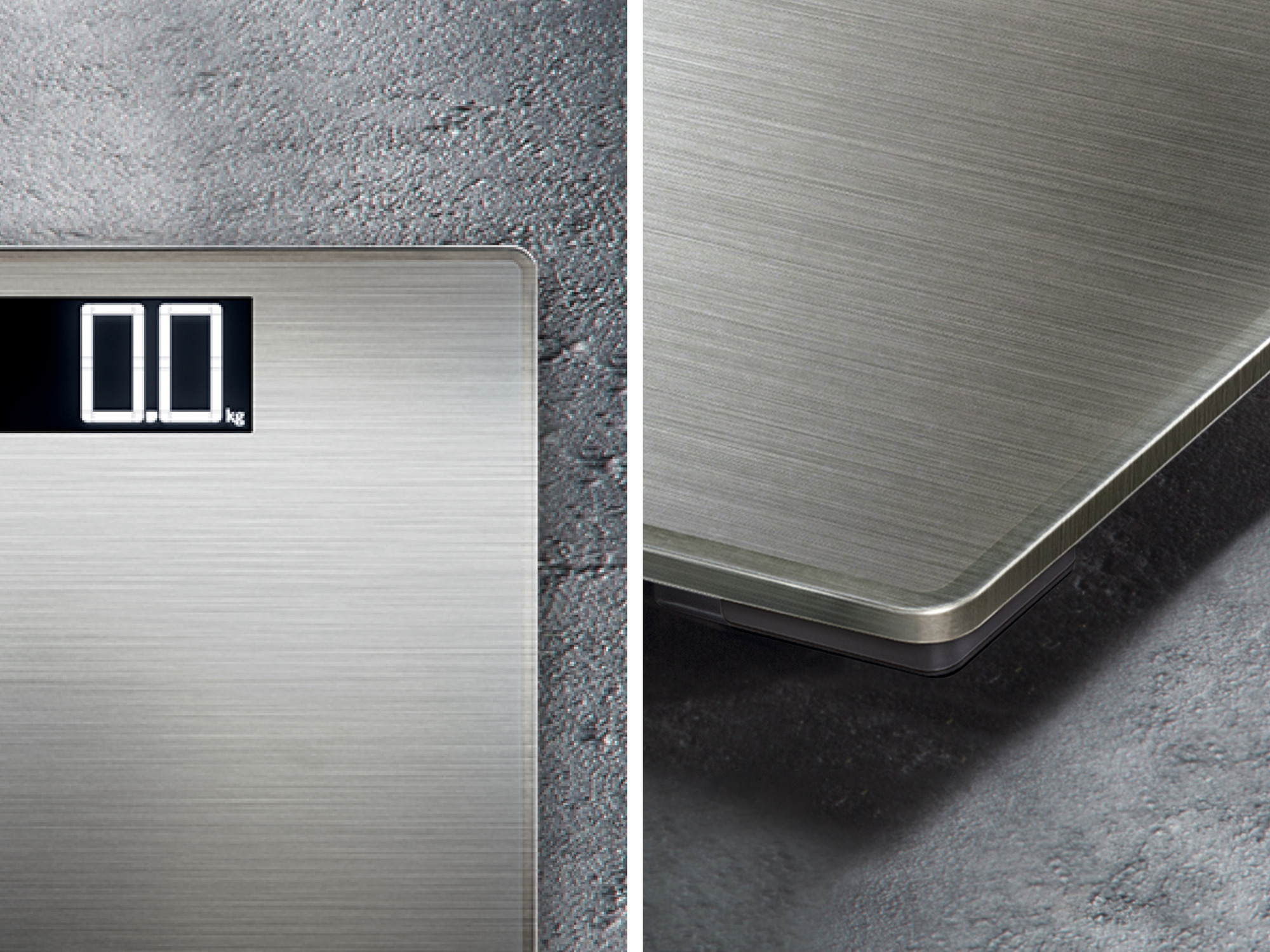 Waga cyfrowa z metalicznym wykończeniem. Wyświetlacz pokazuje '0.0 kg'.