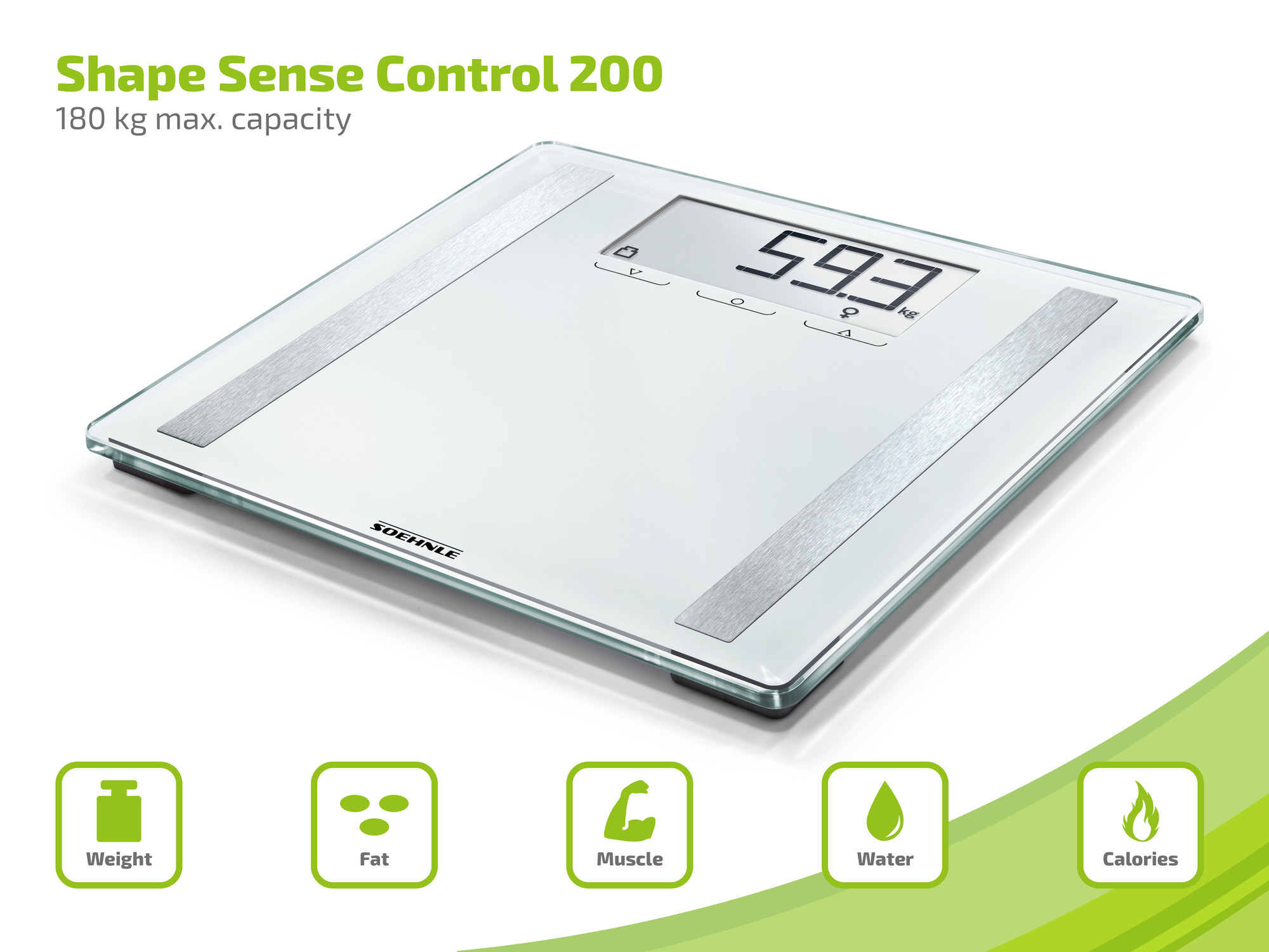 Biała waga cyfrowa z ikonami wagi, tłuszczu, mięśni, wody i kalorii.