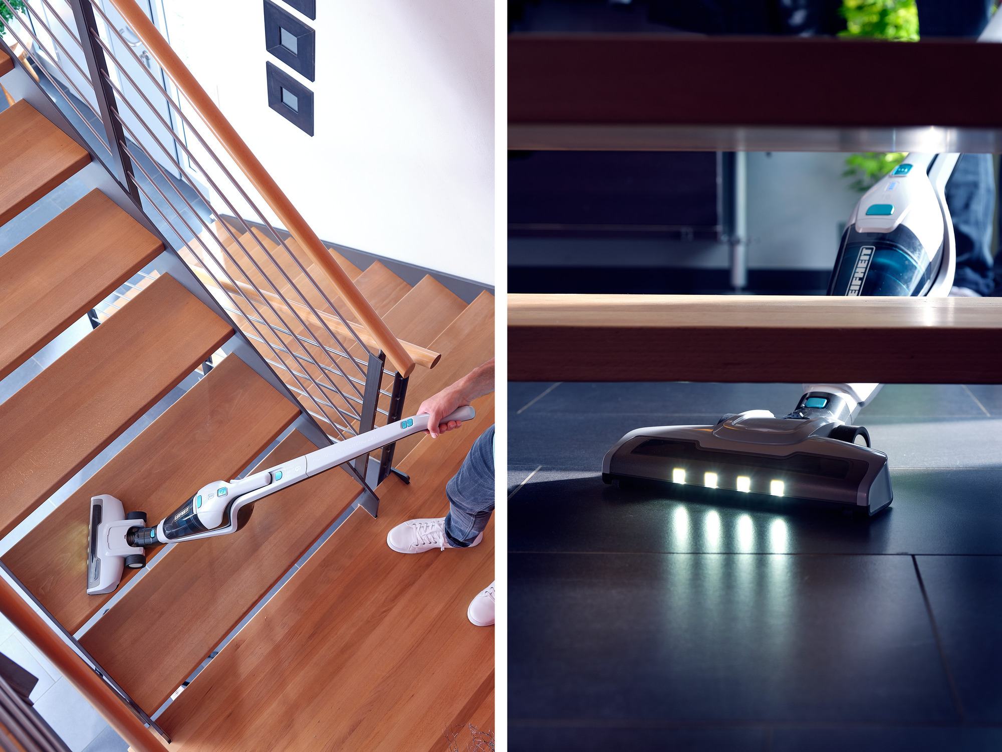 Odkurzacz na schodach. Osoba go używa. W tle widoczne drewniane schody.