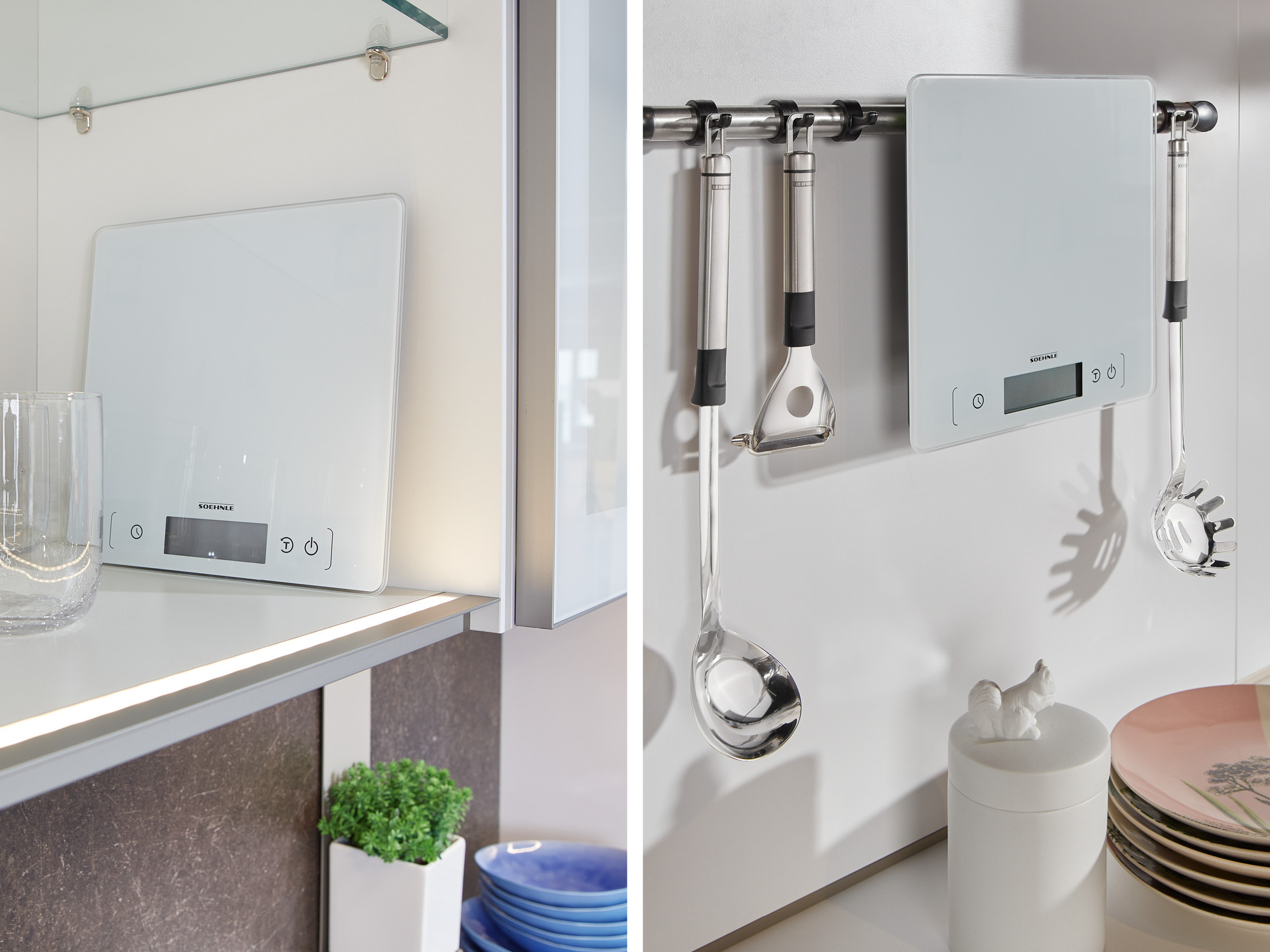 Kuchnia z wagą, przyborami kuchennymi i elementami dekoracyjnymi.