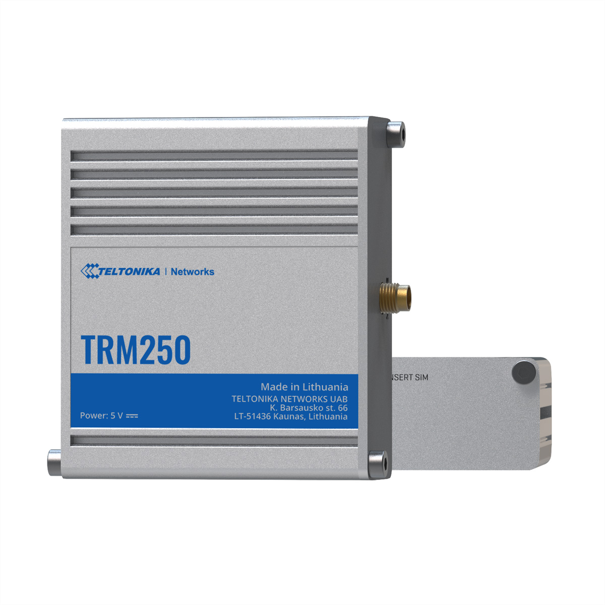 Een zilveren TRM250-apparaat met tekst 'TELTONIKA | Networks' en 'TRM250'. Ook een SIM-kaartinvoeging.
