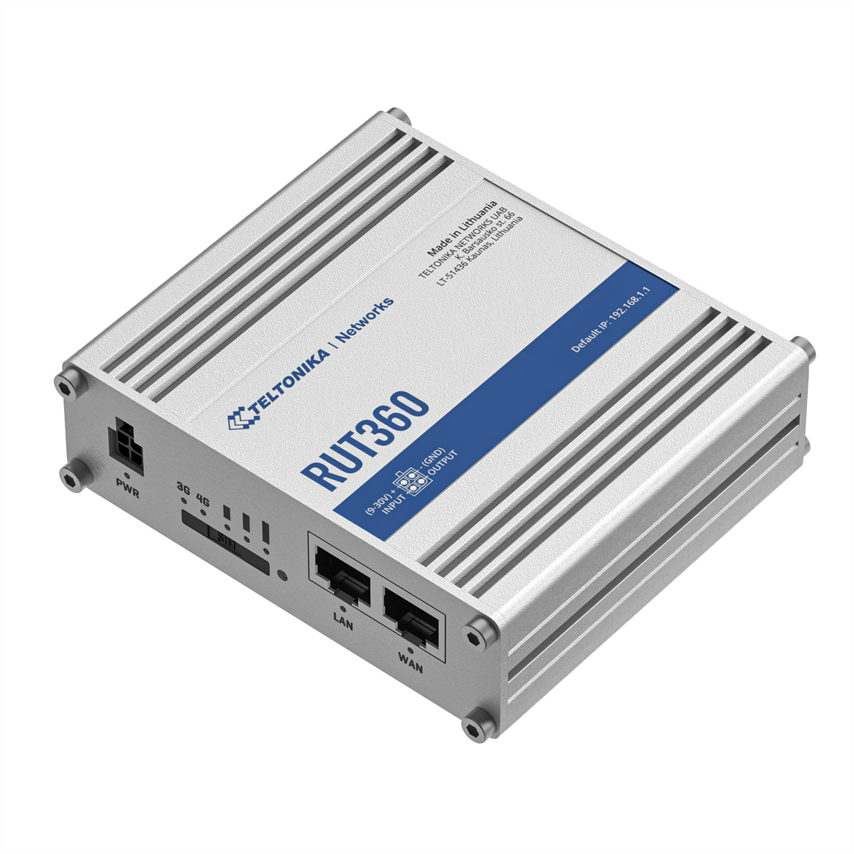Router argentato con parti nere e testo blu: RUT360. Porte LAN, WAN e alimentazione.