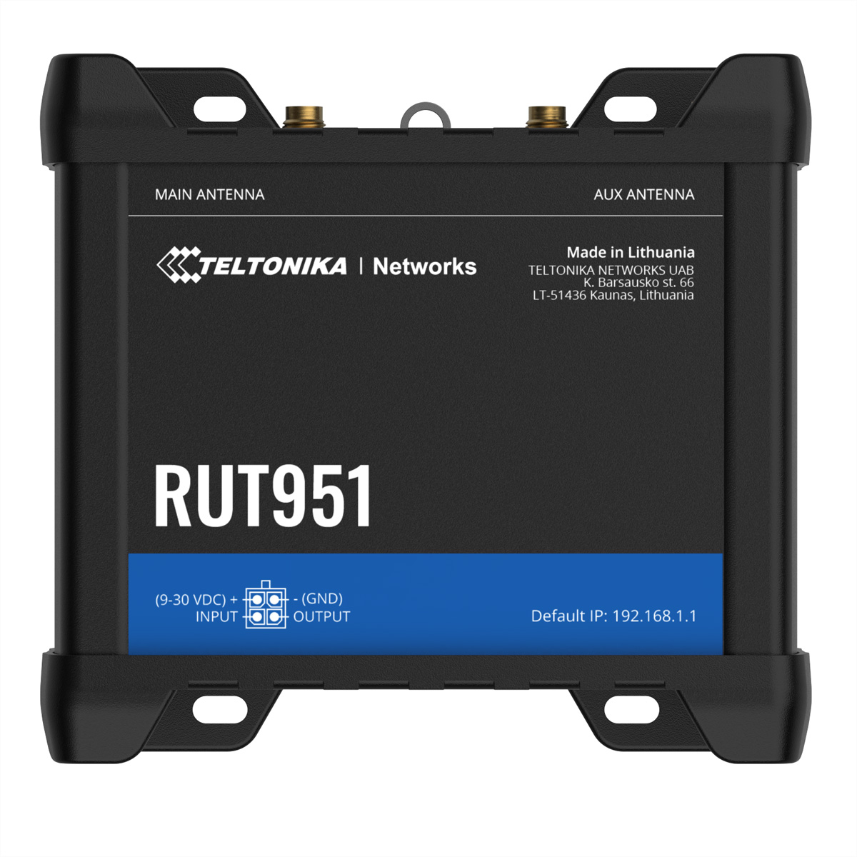 Zwarte router met de tekst RUT951 en het Teltonika Networks-logo.
